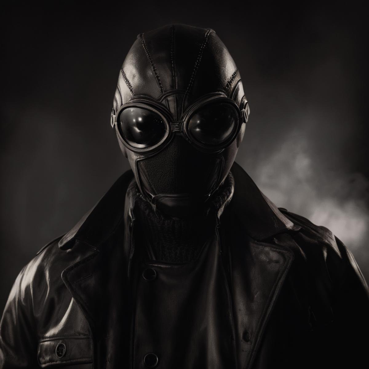 cinematic film still of Spider-Man Noir a man wearing a leather jacket and goggles in Marvel Noir universe,  solo,  1boy b...