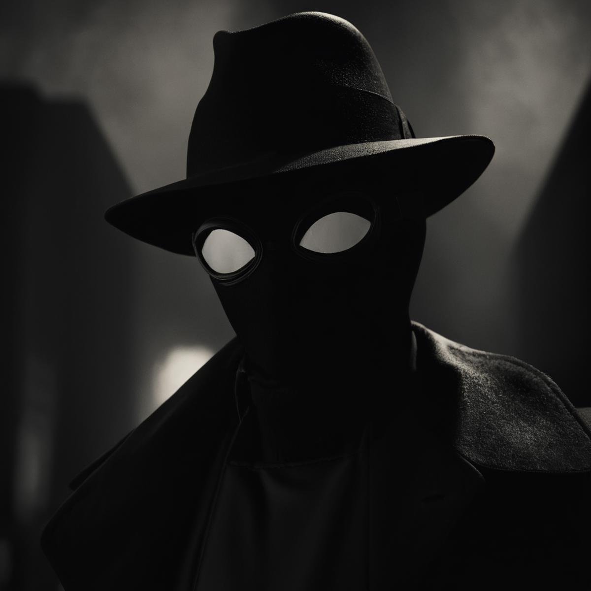cinematic film still of Spider-Man Noir a man in a black coat and a hat in Marvel Noir universe,  1boy,  hat by EauDeNoire...