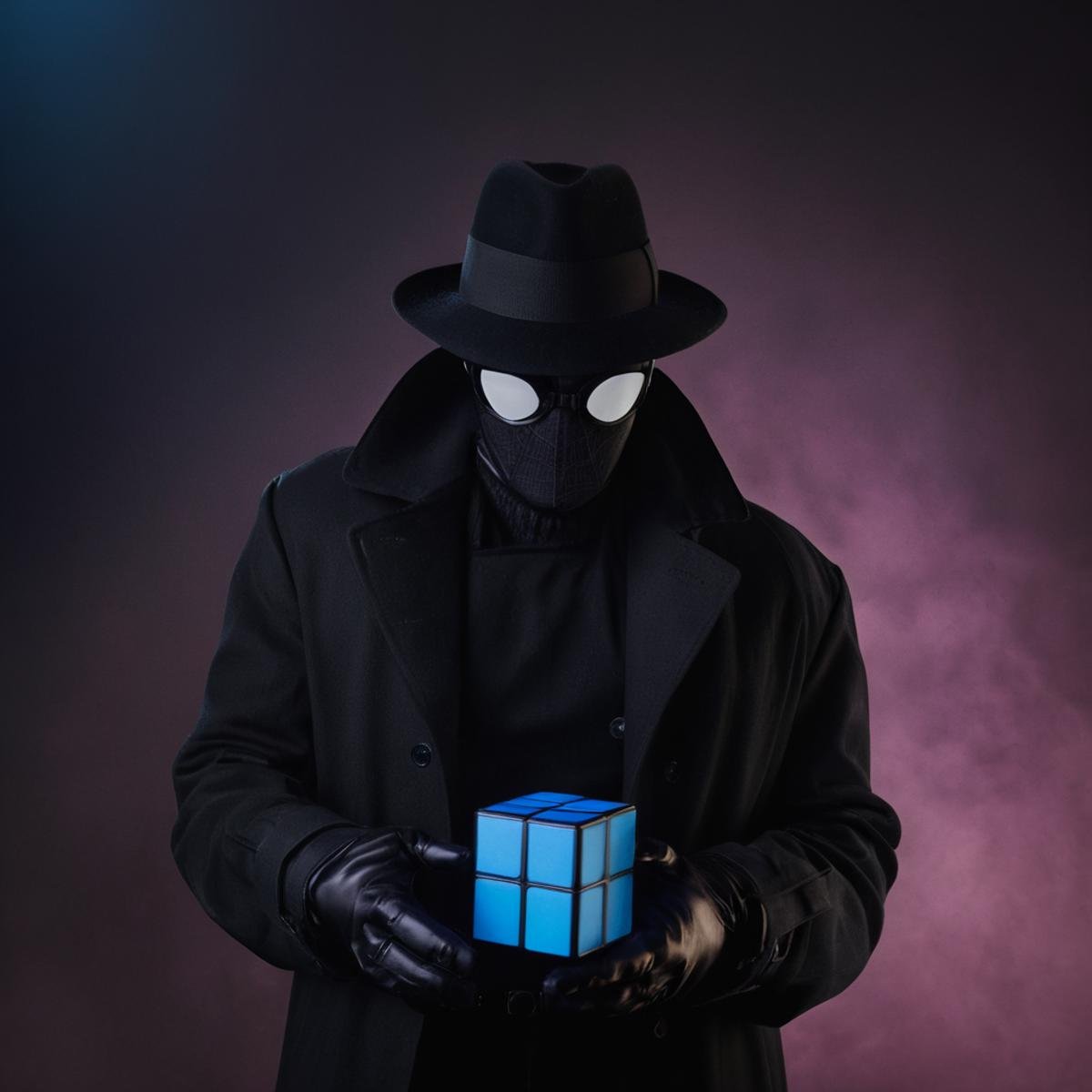 cinematic film still of Spider-Man Noir a man in a black coat holding a blue cube in Marvel Noir universe,  solo,  simple...
