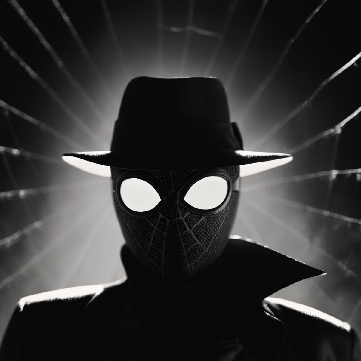 cinematic film still of Spider-Man Noir a black and white spider - man mask with white eyes in Marvel Noir universe,  1gir...