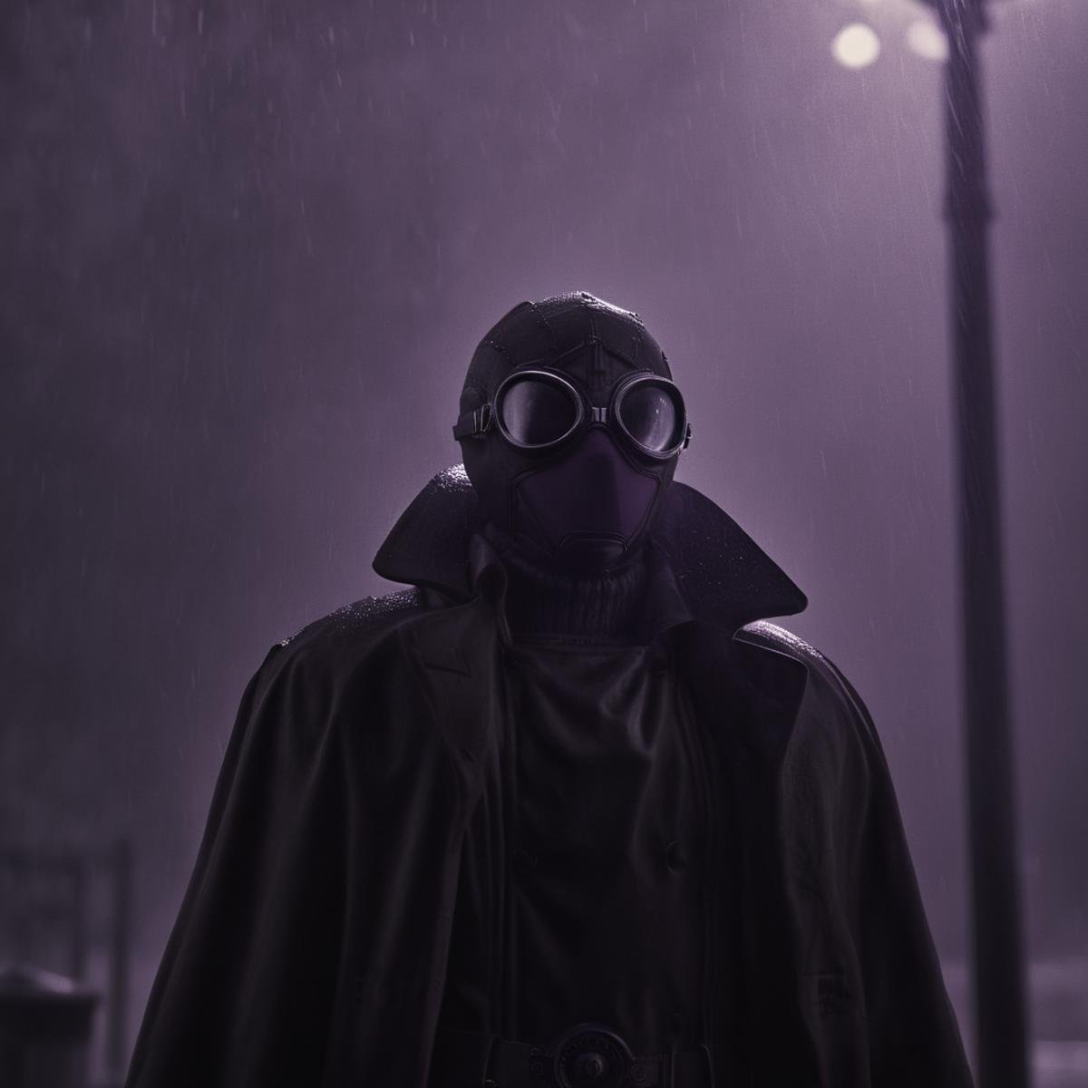 cinematic film still of Spider-Man Noir a man in a gas mask standing in the rain in Marvel Noir universe,  solo,  gloves b...