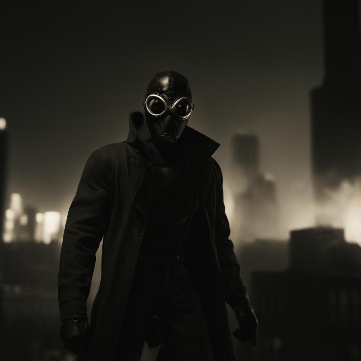 cinematic film still of Spider-Man Noir a man in a gas mask is standing in the city in Marvel Noir universe,  solo,  1boy...