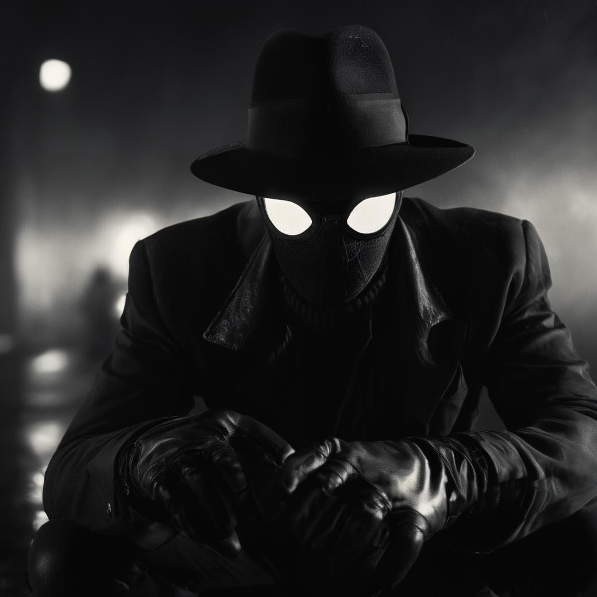 cinematic film still of Spider-Man Noir a man in a hat and a black shirt crouches down in Marvel Noir universe,  solo,  lo...