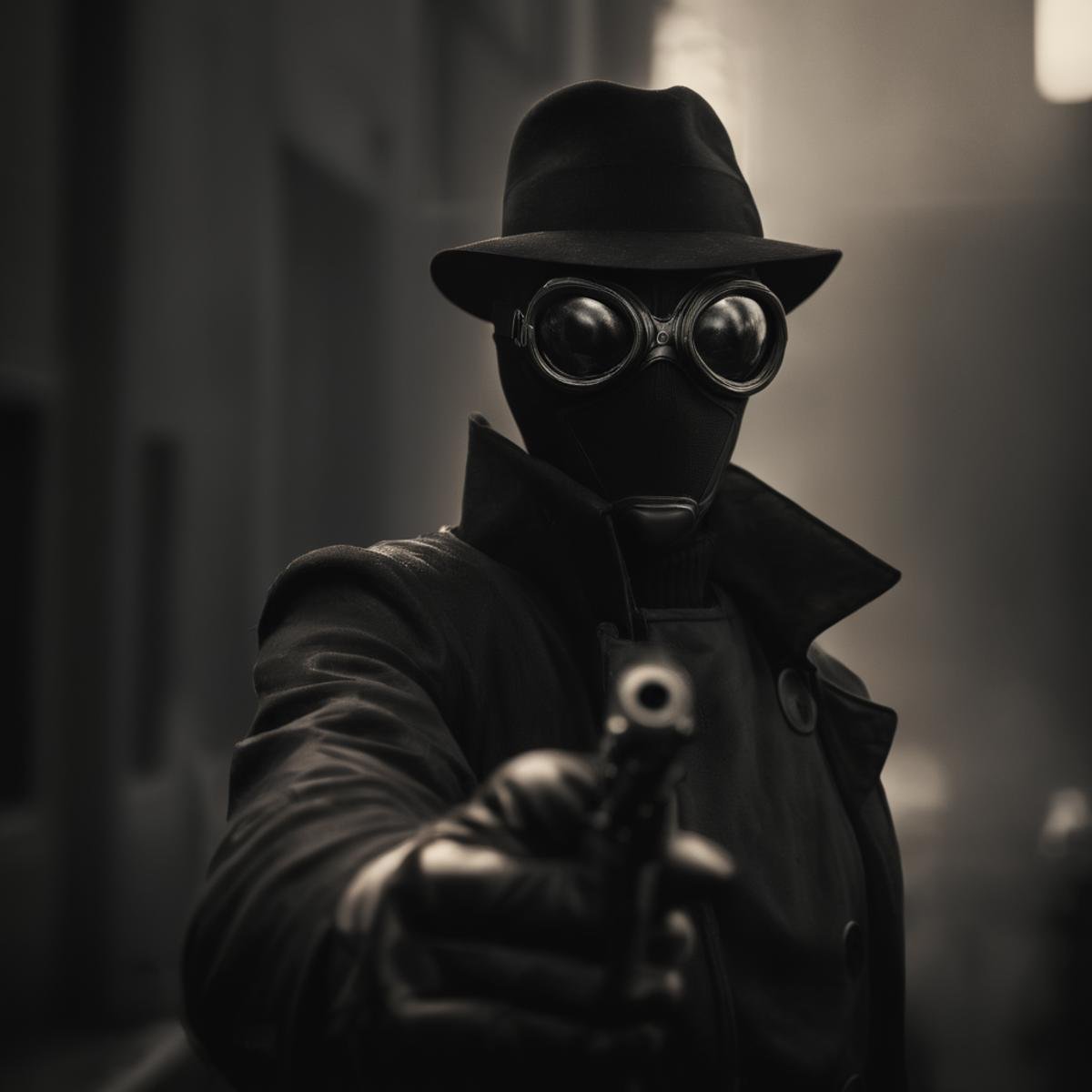 cinematic film still of Spider-Man Noir a man in a gas mask holding a gun in Marvel Noir universe,  solo,  gloves by EauDe...