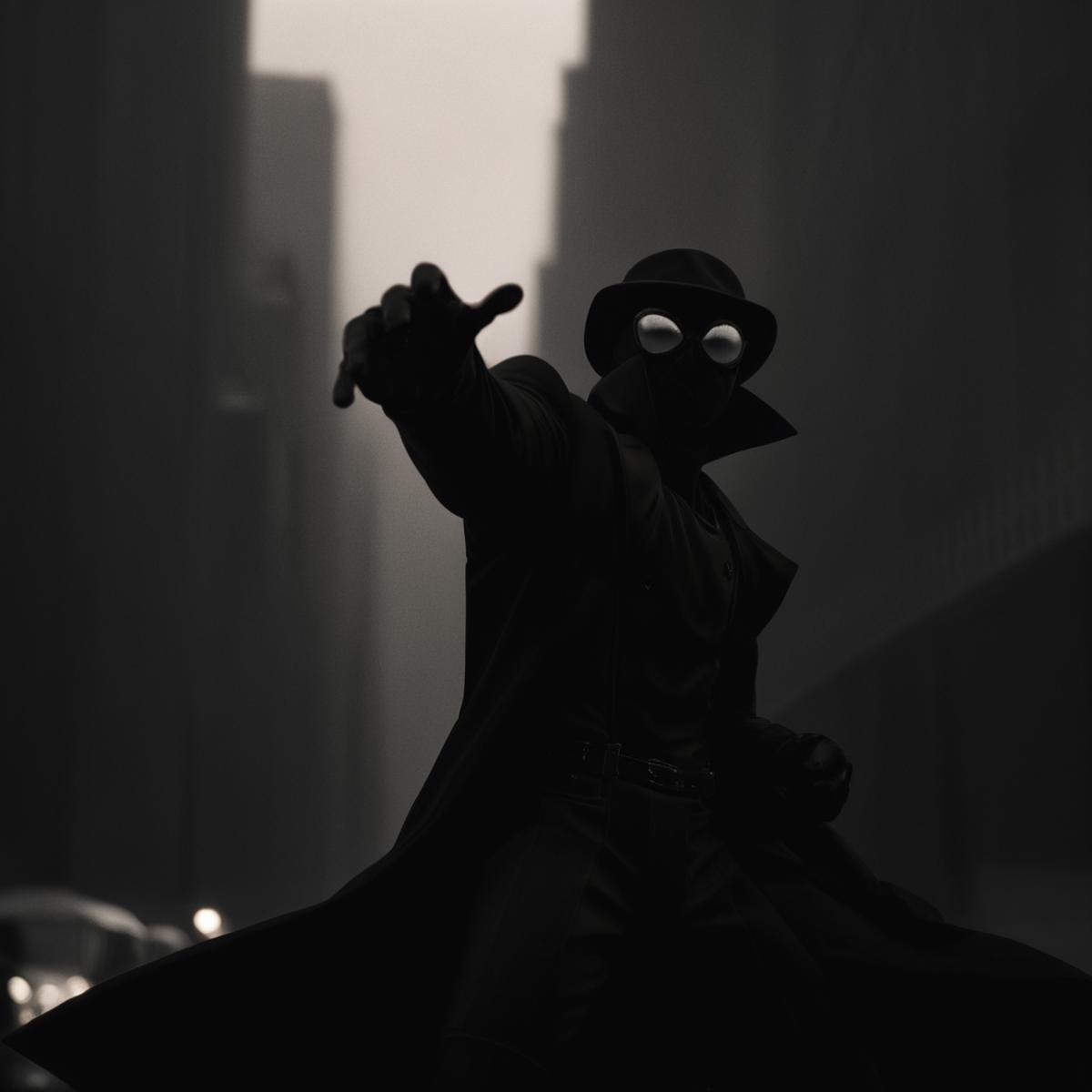 cinematic film still of Spider-Man Noir a cartoon spider man in a black suit in Marvel Noir universe,  solo,  1boy by EauD...