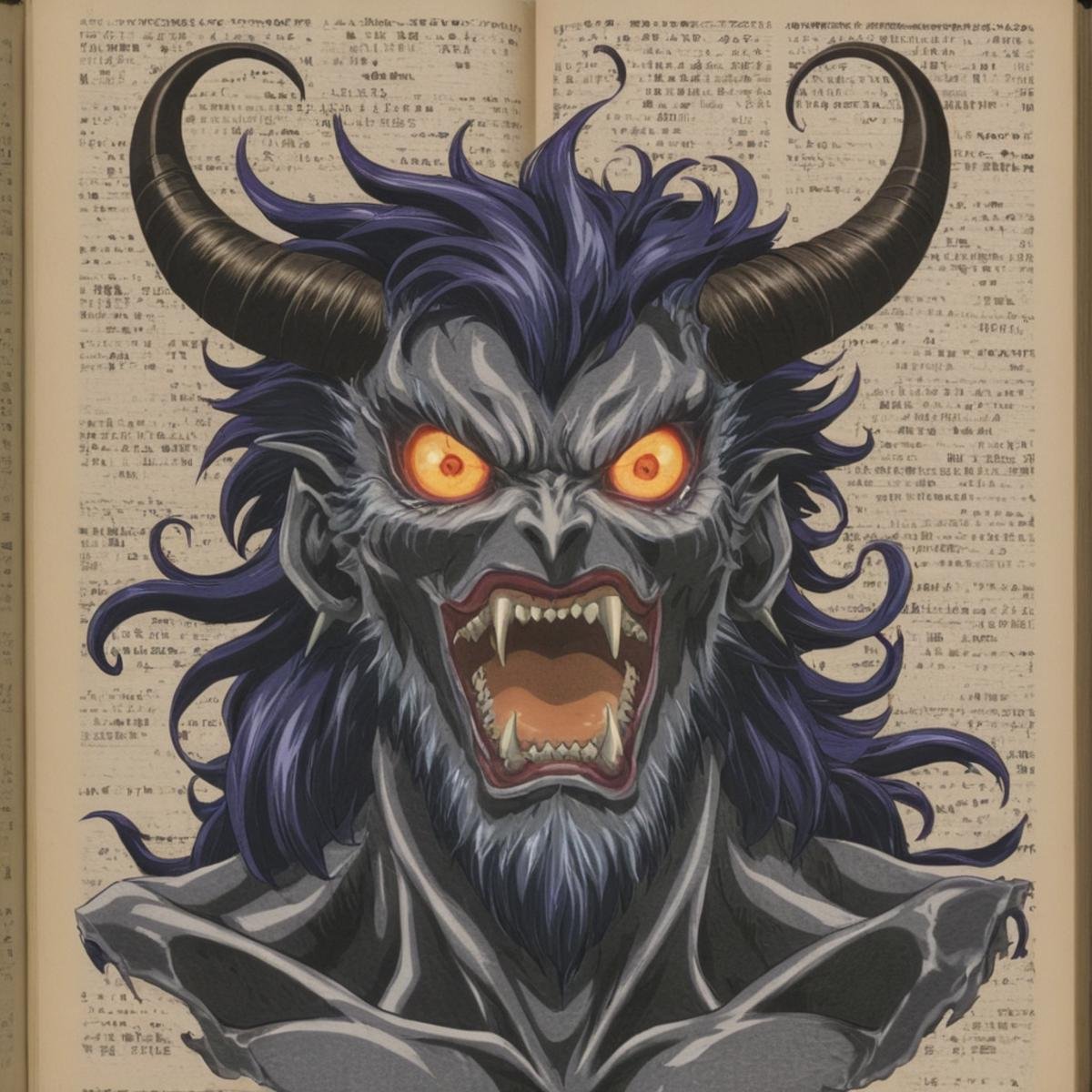 anime artwork of Demon a demonic creature is seen on a book page,  solo,  horns by EauDeNoire on Tensor.Art