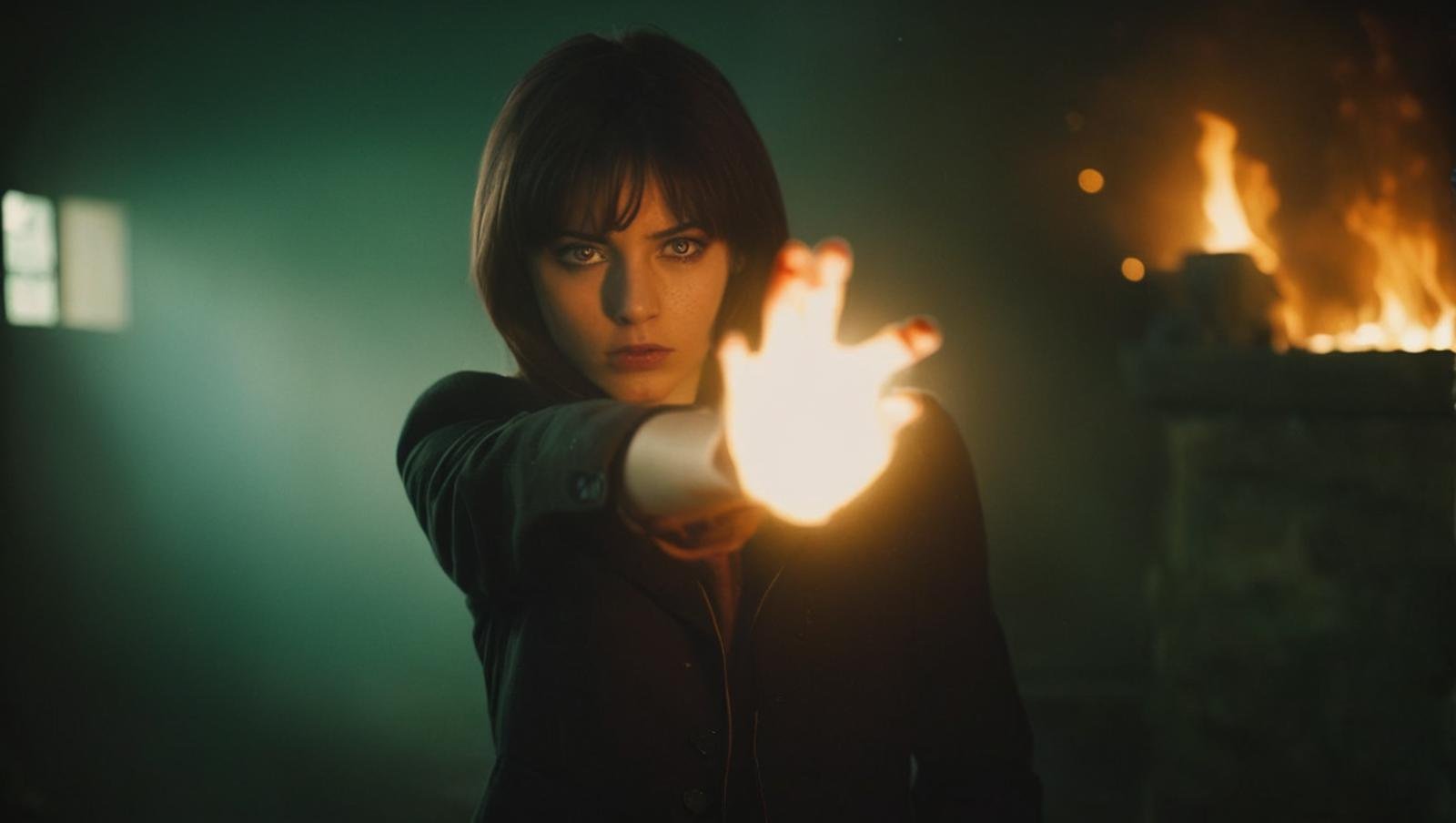 cinematic film still of Chiaroscuro Lighting Style Kodak Motion Picture Film Style (((realistic)))a woman with a bloody ha...