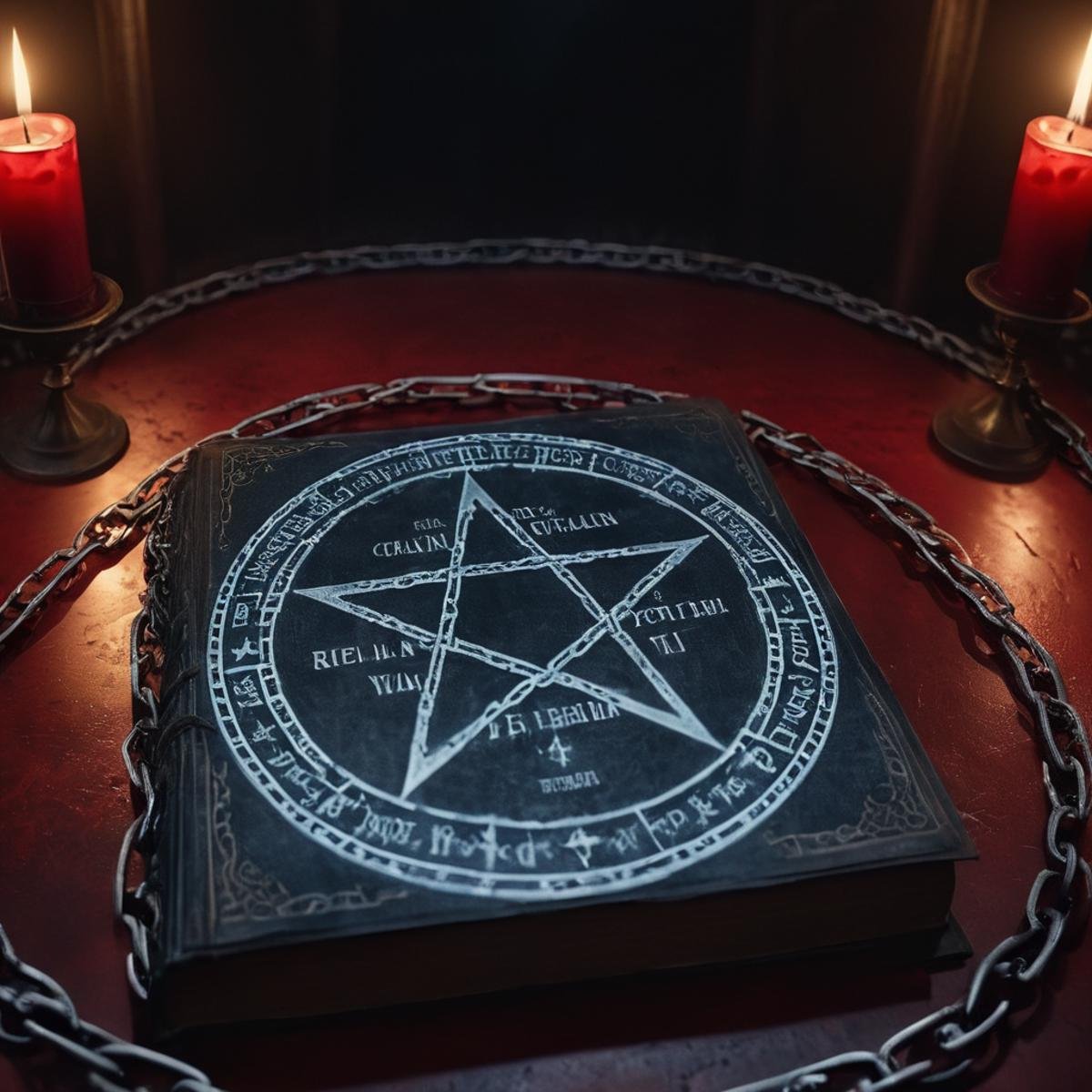 cinematic film still of A realistic detailed cinematic photo of a ritual epic book sealed in chains:1 book:1 behind a bloo...