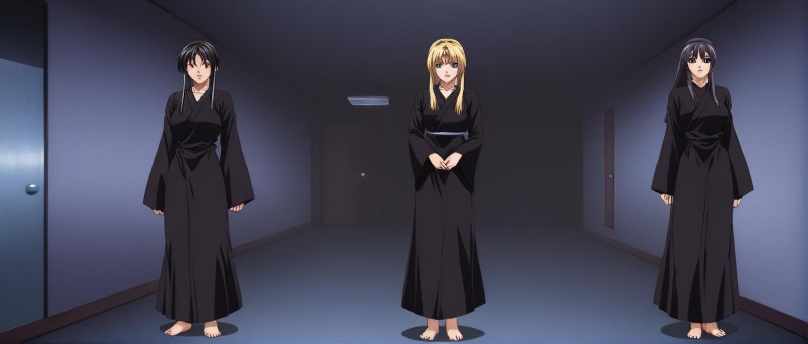 anime artwork of three women in black monk robs standing in a dark room,  long hair,  multiple girls by EauDeNoire on Tens...