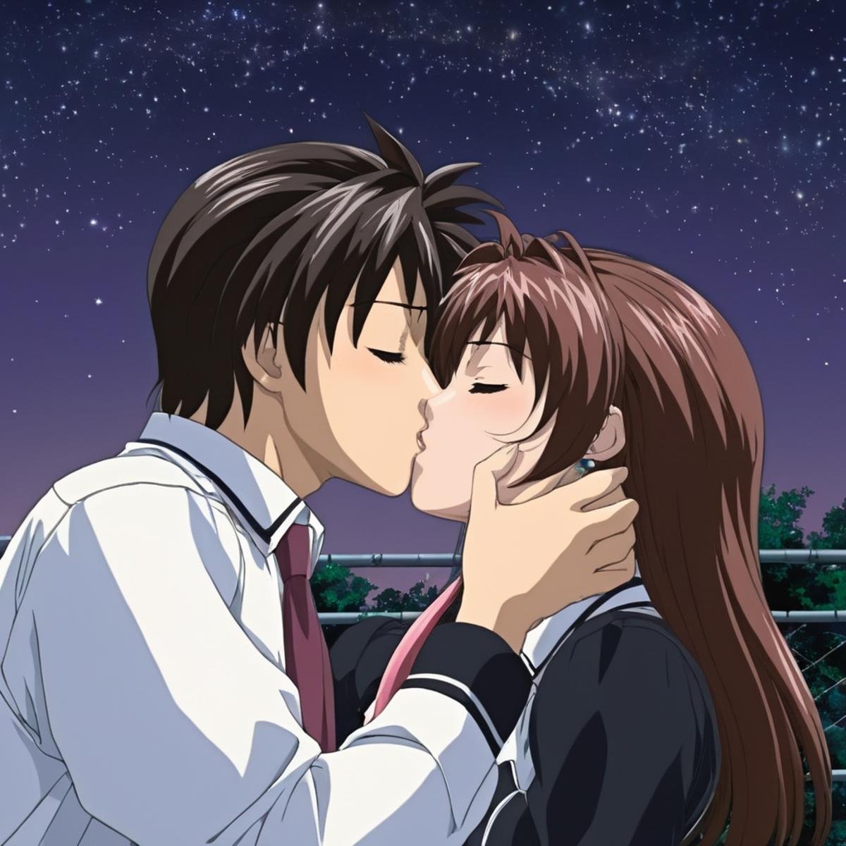 anime artwork of Yuki Toudou and Taki Minase a couple kissing in the dark with a starr sky in the background,  1girl,  lon...