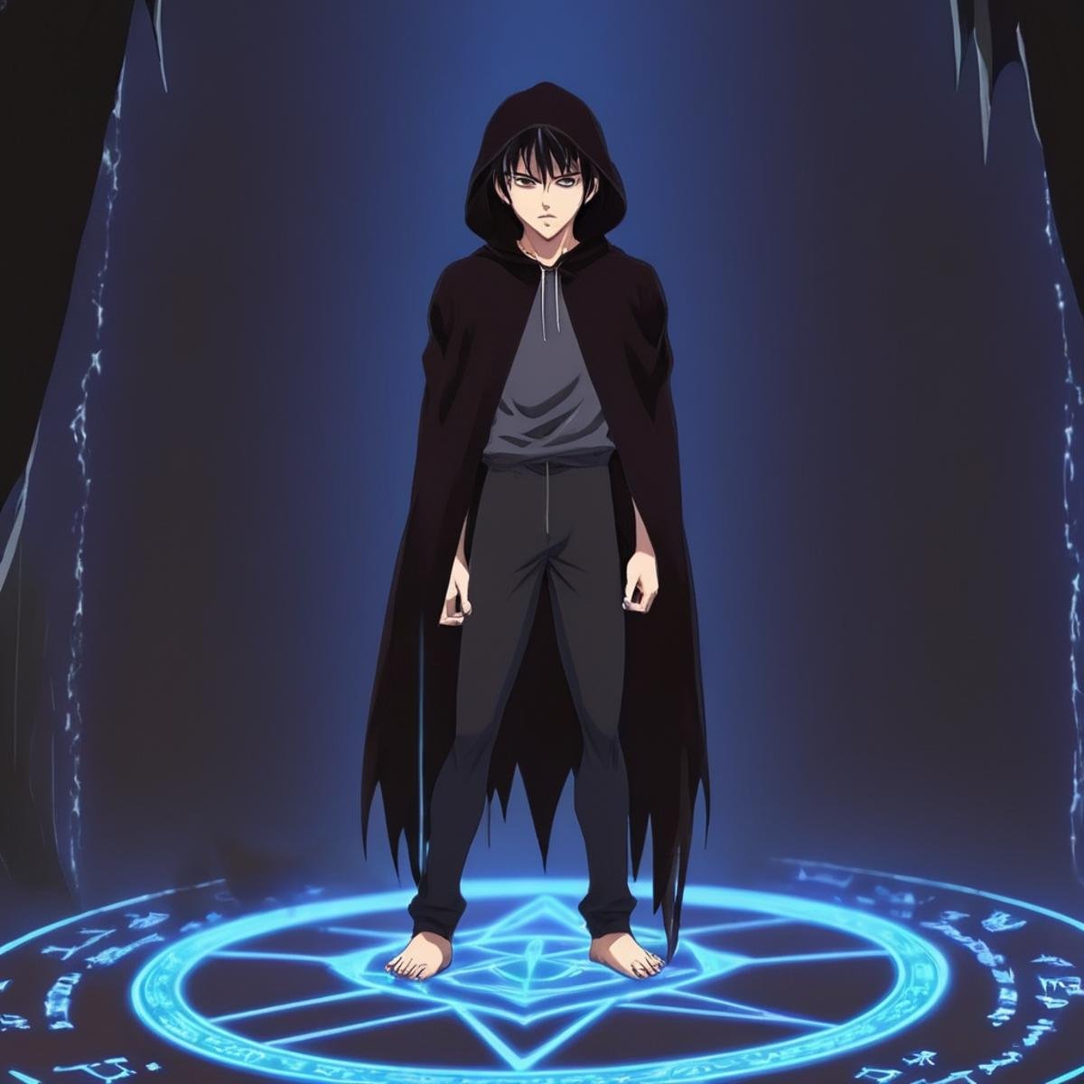 anime artwork of Demon a hologram of a demonic creature is rising from ground,  solo,  black hair by EauDeNoire on Tensor.Art