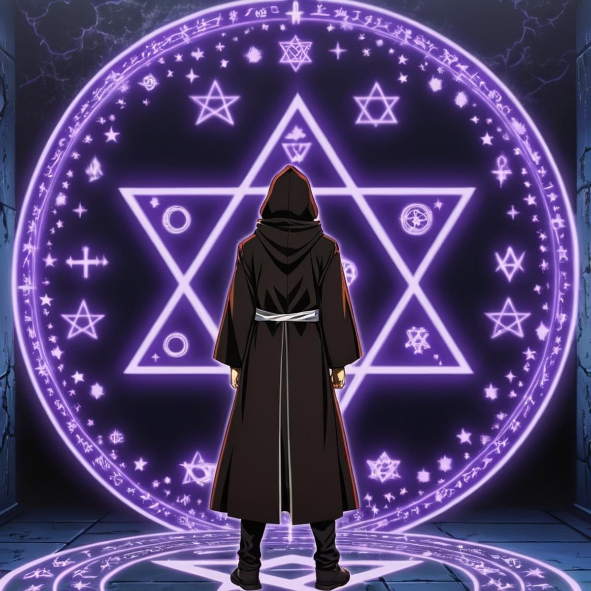 anime artwork of a person standing in front of a wall with a magical circle of symbols,  solo,  1boy by EauDeNoire on Tens...