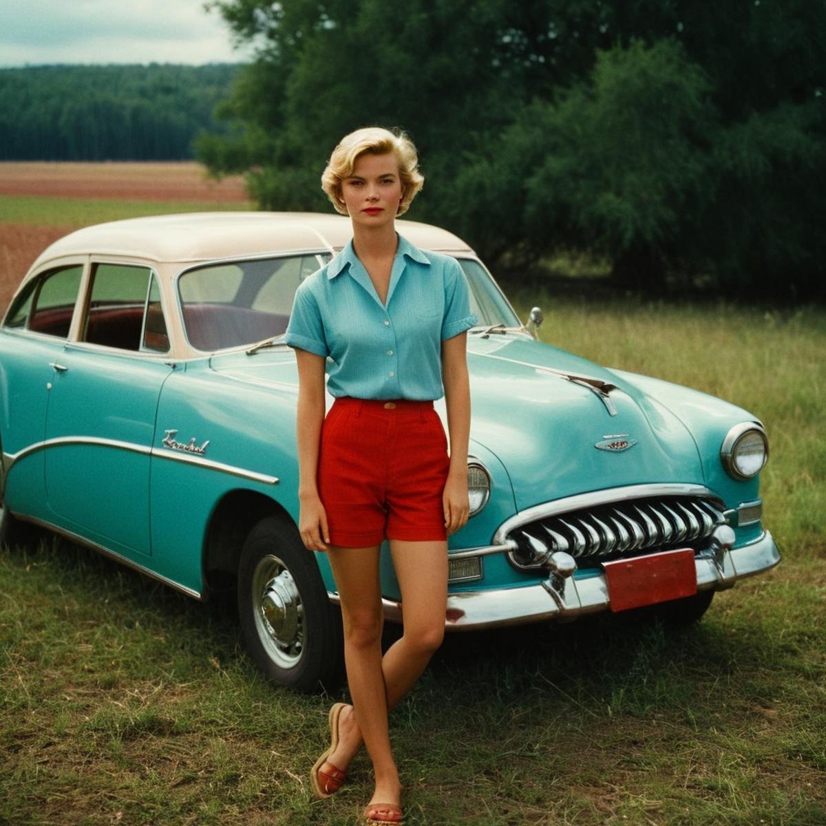 cinematic film still of  <lora:Technicolor style:1> colorful:1In the 1950's a woman standing next to a car in a field,solo,short hair,blonde hair,shirt,1boy,male focus,outdoors,shorts,barefoot,tree,black shorts,ground vehicle,red shirt,motor vehicle,car,vehicle focus,photo background,sports car , vivid color, cinematic look, film look, filmic, contrast, detailed, high quality, sharp image, film color, Kodak, Motion Picture, Film style, different color, vivid color, different people, different look, different style, 35MM Film, 16MM Film, Photographic film, artistic style, cinematic style, film granularity, film noise, image noise, artistic effect, Fujicolor, Fuji film, Analog photography, movie style, movie still, Film grain overlay, Film Grain style, Technicolor style, shallow depth of field, vignette, highly detailed, high budget, bokeh, cinemascope, moody, epic, gorgeous, film grain, grainy