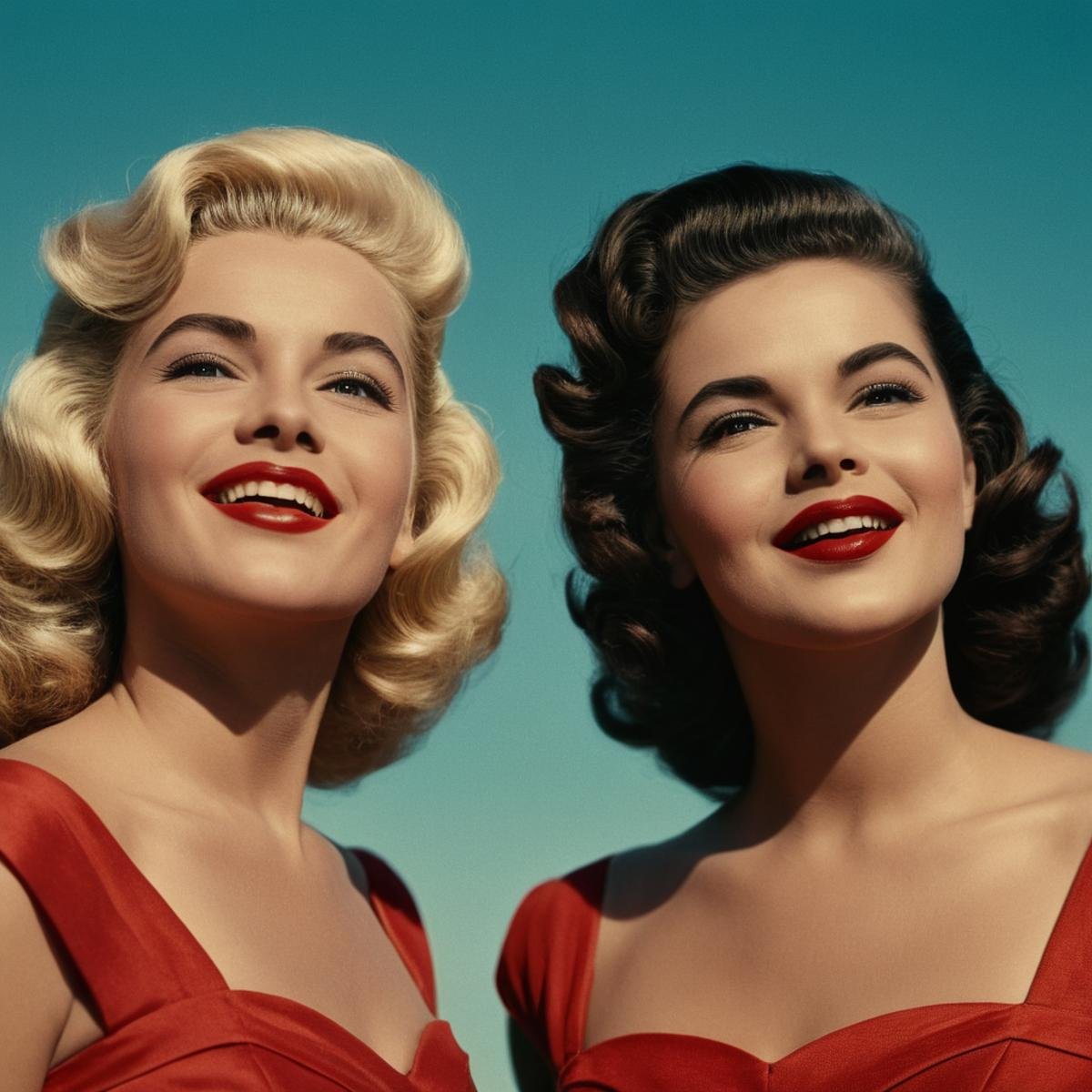 cinematic film still of  <lora:Technicolor style:1>In the 1950's two women in costumes standing next to each other,looking at viewer,smile,multiple girls,blonde hair,brown hair,black hair,hair ornament,2girls,upper body,teeth,lipstick,curly hair,realistic,red lips , vivid color, cinematic look, film look, filmic, contrast, detailed, high quality, sharp image, film color, Kodak, Motion Picture, Film style, different color, vivid color, different people, different look, different style, 35MM Film, 16MM Film, Photographic film, artistic style, cinematic style, film granularity, film noise, image noise, artistic effect, Fujicolor, Fuji film, Analog photography, movie style, movie still, Film grain overlay, Film Grain style, Technicolor style, shallow depth of field, vignette, highly detailed, high budget, bokeh, cinemascope, moody, epic, gorgeous, film grain, grainy