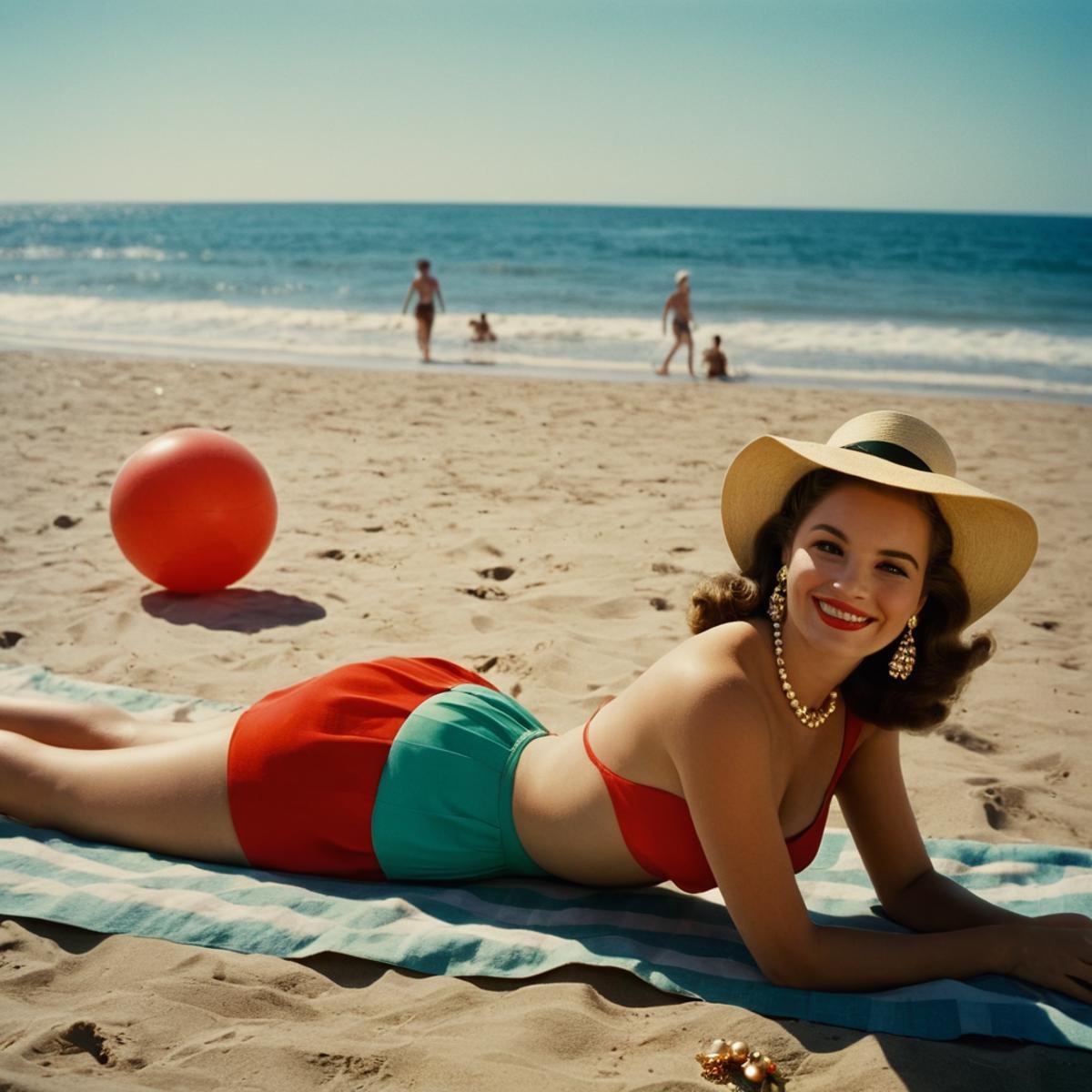 cinematic film still of  <lora:Technicolor style:1> colorful:1In the 1950's a woman laying on the beach with a ball,1girl,smile,hat,dress,jewelry,earrings,lying,multiple boys,solo focus,on stomach,6+boys,realistic , vivid color, cinematic look, film look, filmic, contrast, detailed, high quality, sharp image, film color, Kodak, Motion Picture, Film style, different color, vivid color, different people, different look, different style, 35MM Film, 16MM Film, Photographic film, artistic style, cinematic style, film granularity, film noise, image noise, artistic effect, Fujicolor, Fuji film, Analog photography, movie style, movie still, Film grain overlay, Film Grain style, Technicolor style, shallow depth of field, vignette, highly detailed, high budget, bokeh, cinemascope, moody, epic, gorgeous, film grain, grainy