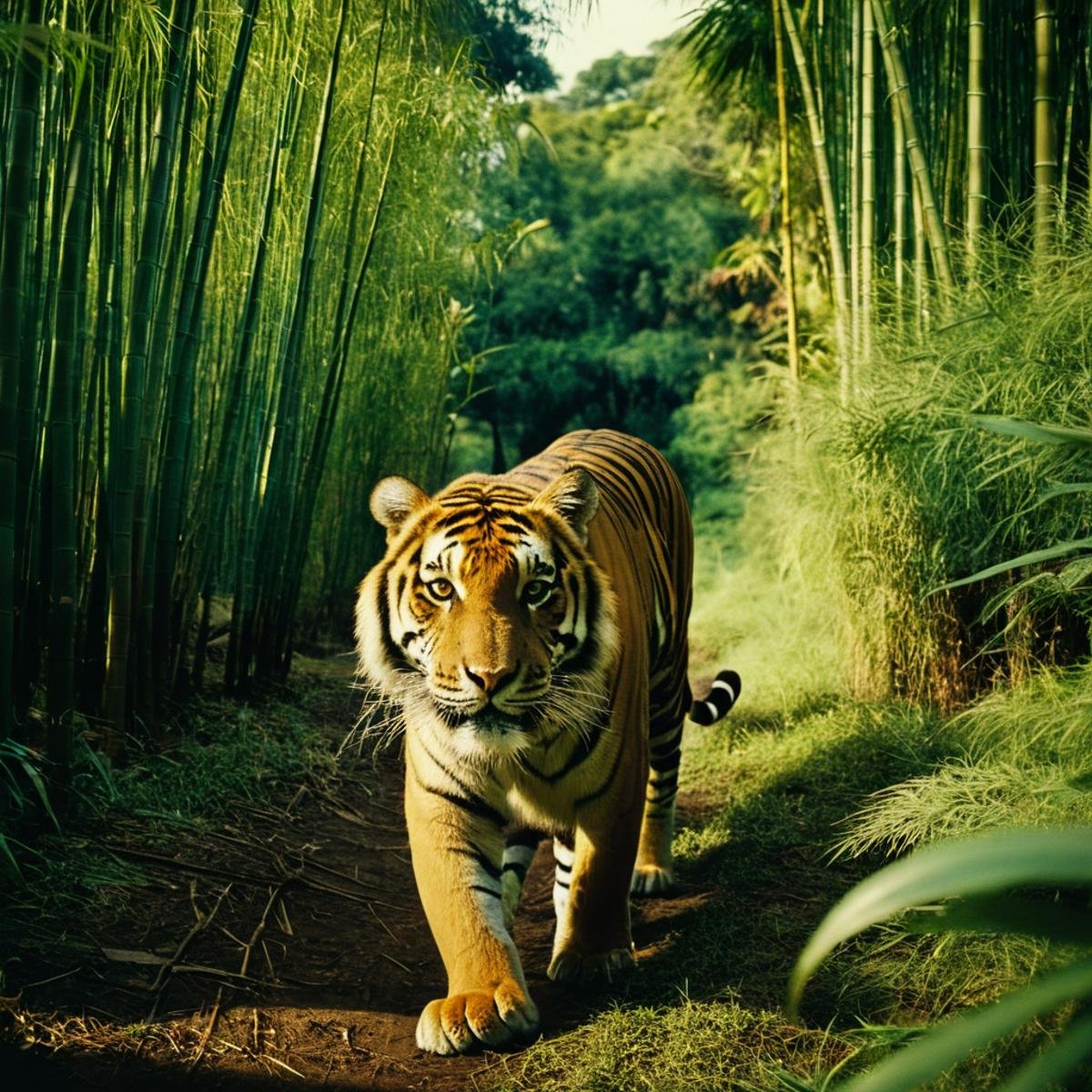 cinematic film still of  <lora:Technicolor style:1>In the 1950's a tiger walking through a jungle filled to the camera with tall grass,solo,outdoors,tree,nature,forest,bamboo,bamboo forest , vivid color, cinematic look, film look, filmic, contrast, detailed, high quality, sharp image, film color, Kodak, Motion Picture, Film style, different color, vivid color, different people, different look, different style, 35MM Film, 16MM Film, Photographic film, artistic style, cinematic style, film granularity, film noise, image noise, artistic effect, Fujicolor, Fuji film, Analog photography, movie style, movie still, Film grain overlay, Film Grain style, Technicolor style, shallow depth of field, vignette, highly detailed, high budget, bokeh, cinemascope, moody, epic, gorgeous, film grain, grainy