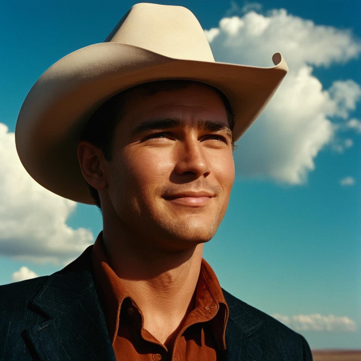 cinematic film still of  <lora:Technicolor style:1> In the 1950's a man in a cowboy hat poses for a picture,solo,looking at viewer,smile,1boy,hat,closed mouth,male focus,sky,day,cloud,blue sky,portrait,realistic,cowboy hat,cowboy western , vivid color, cinematic look, film look, filmic, contrast, detailed, high quality, sharp image, film color, Kodak, Motion Picture, Film style, different color, vivid color, different people, different look, different style, 35MM Film, 16MM Film, Photographic film, artistic style, cinematic style, film granularity, film noise, image noise, artistic effect, Fujicolor, Fuji film, Analog photography, movie style, movie still, Film grain overlay, Film Grain style, Technicolor style, shallow depth of field, vignette, highly detailed, high budget, bokeh, cinemascope, moody, epic, gorgeous, film grain, grainy