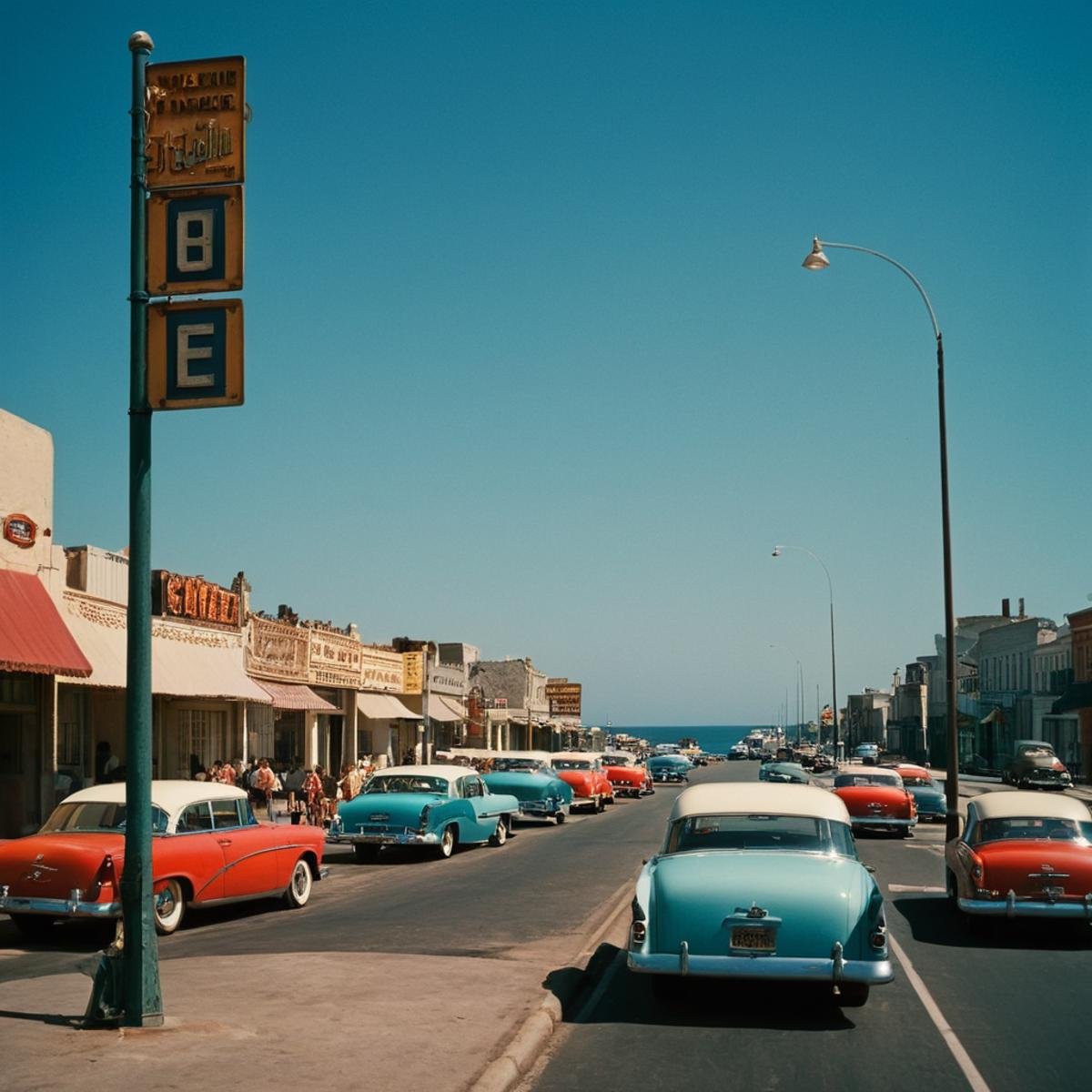 cinematic film still of  <lora:Technicolor style:1> colorfulIn the 1950's a street with cars parked on the side of it,1girl,outdoors,multiple boys,sky,day,water,blue sky,ocean,ground vehicle,building,scenery,motor vehicle,city,sign,car,road,watercraft,vehicle focus,lamppost,street,boat,road sign,truck,real world location , vivid color, cinematic look, film look, filmic, contrast, detailed, high quality, sharp image, film color, Kodak, Motion Picture, Film style, different color, vivid color, different people, different look, different style, 35MM Film, 16MM Film, Photographic film, artistic style, cinematic style, film granularity, film noise, image noise, artistic effect, Fujicolor, Fuji film, Analog photography, movie style, movie still, Film grain overlay, Film Grain style, Technicolor style, shallow depth of field, vignette, highly detailed, high budget, bokeh, cinemascope, moody, epic, gorgeous, film grain, grainy