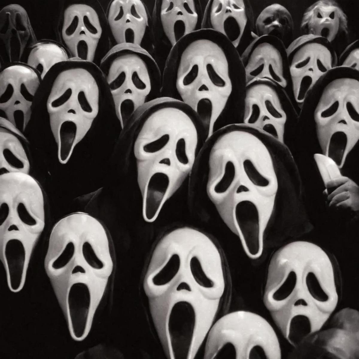 cinematic film still of Chiaroscuro Lighting Style Ghostface a group of cartoon characters with faces and masks,  scream h...