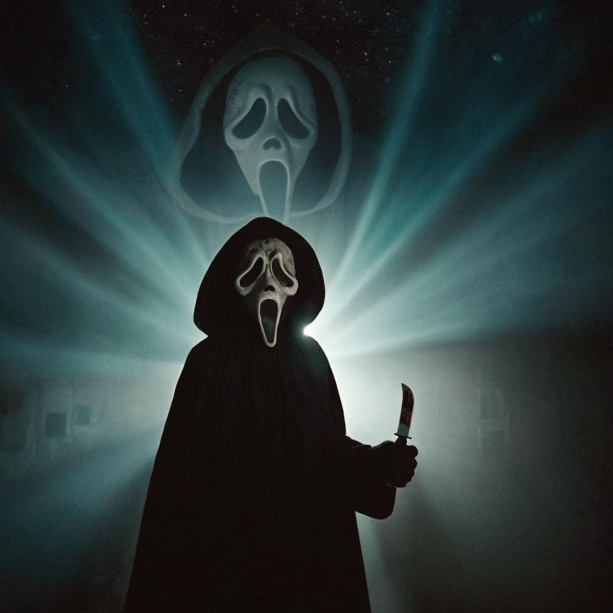 cinematic film still of Chiaroscuro Lighting Style From below,  Ghostface a person in a hoodedie holding a knife with proj...