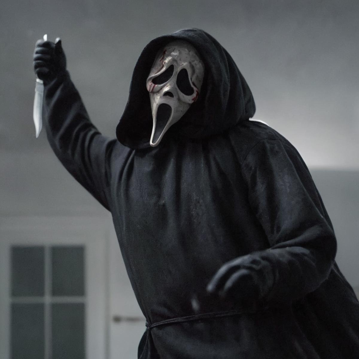 cinematic film still of Chiaroscuro Lighting Style Ghostface a statue of a person with a knife in his hand,  scream horror...
