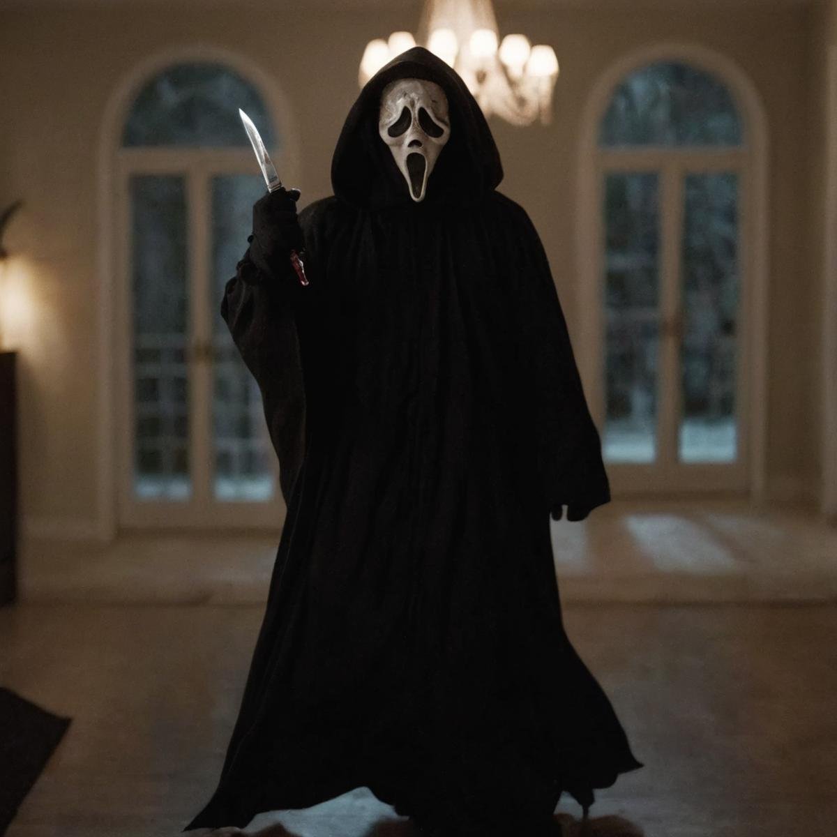 cinematic film still of Chiaroscuro Lighting Style Ghostface a man in a black robe holding a knife,  scream horror movie s...