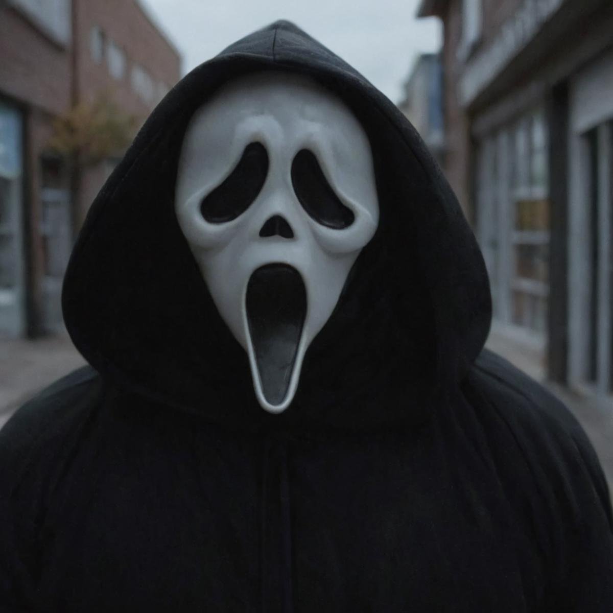 cinematic film still of Chiaroscuro Lighting Style Ghostface a person in a black hoodie with a white face and a black hood...