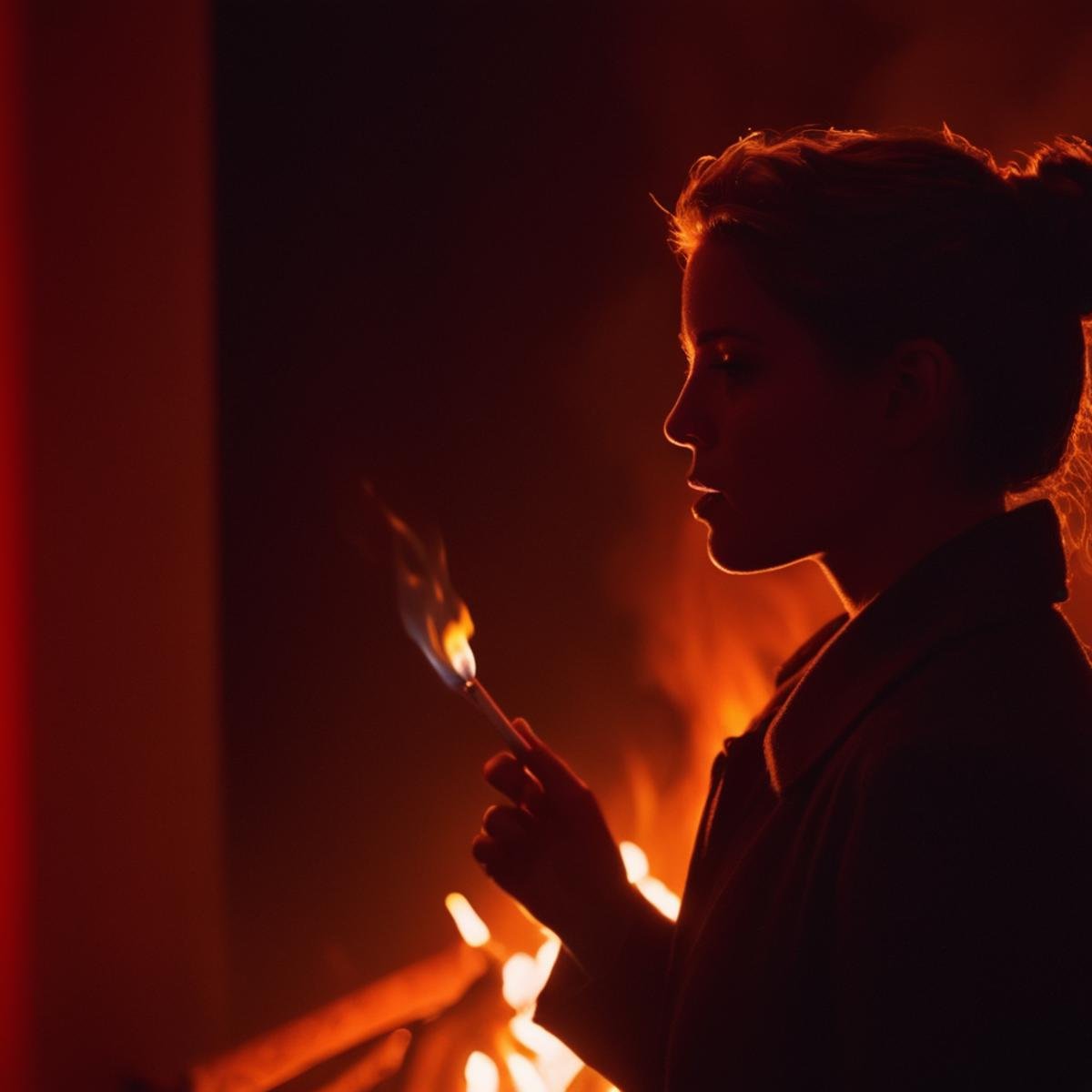 cinematic film still of  <lora:backlight style:1>A backlight photo of a woman standing in front of a fire with a cigarette in her mouth,solo,1boy,upper body,male focus,hand up,from side,profile,fire,silhouette,red theme,embers,orange theme,burning , back light, rim light, ray light, hair light, background light, realistic, realism, photorealism, hyperrealism, hyperrealistic, realistic, sharp, detailed, cinematography style, film light style, movie still,  professional photography, artistic, perfection, contrast, cinematic, filmic, high quality photo,  8k quality, colorful, different people, dark shadow, covered in shadow, partially covered in shadow, backlight style, shallow depth of field, vignette, highly detailed, high budget, bokeh, cinemascope, moody, epic, gorgeous, film grain, grainy