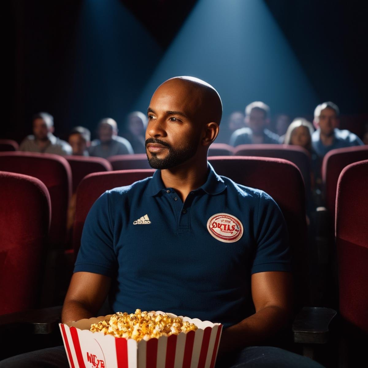 cinematic film still of  <lora:backlight style:1>A backlight photo of a man sitting in a theater with a popcorn box,shirt,sitting,male focus,multiple boys,indoors,dark skin,facial hair,blue shirt,6+boys,bald,chandelier , back light, rim light, ray light, hair light, background light, realistic, realism, photorealism, hyperrealism, hyperrealistic, realistic, sharp, detailed, cinematography style, film light style, movie still,  professional photography, artistic, perfection, contrast, cinematic, filmic, high quality photo,  8k quality, colorful, different people, dark shadow, covered in shadow, partially covered in shadow, backlight style, shallow depth of field, vignette, highly detailed, high budget, bokeh, cinemascope, moody, epic, gorgeous, film grain, grainy