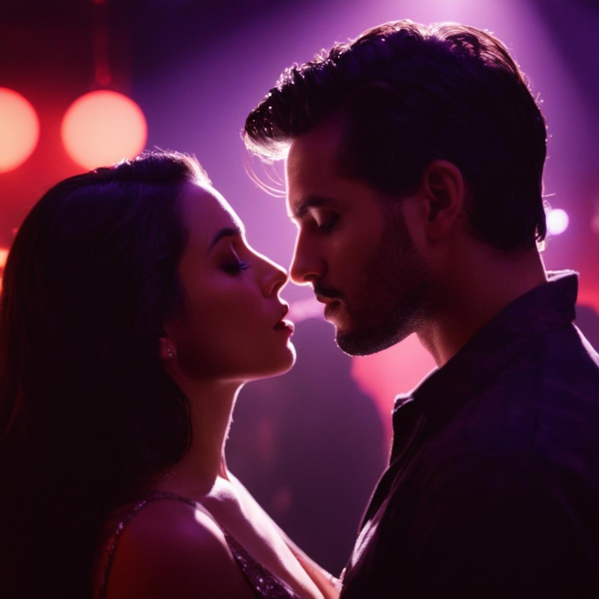 cinematic film still of  <lora:backlight style:1>A backlight photo of a man and woman kissing in a nightclub,1girl,long hair,shirt,black hair,1boy,jewelry,closed eyes,upper body,hetero,blurry,blurry background,couple,kiss , back light, rim light, ray light, hair light, background light, realistic, realism, photorealism, hyperrealism, hyperrealistic, realistic, sharp, detailed, cinematography style, film light style, movie still,  professional photography, artistic, perfection, contrast, cinematic, filmic, high quality photo,  8k quality, colorful, different people, dark shadow, covered in shadow, partially covered in shadow, backlight style, shallow depth of field, vignette, highly detailed, high budget, bokeh, cinemascope, moody, epic, gorgeous, film grain, grainy