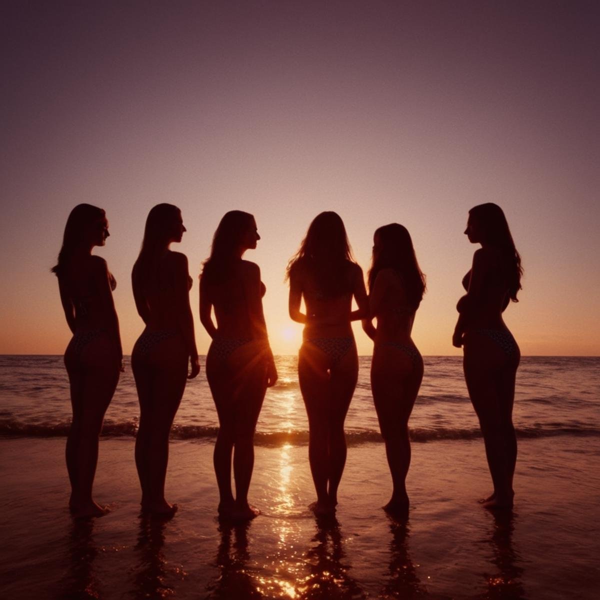 cinematic film still of  <lora:backlight style:1>A backlight photo of a group of people standing on top of a beach,long hair,multiple girls,thighhighs,swimsuit,ass,bikini,outdoors,shorts,water,from behind,4girls,ocean,back,beach,sunset,sun , back light, rim light, ray light, hair light, background light, realistic, realism, photorealism, hyperrealism, hyperrealistic, realistic, sharp, detailed, cinematography style, film light style, movie still,  professional photography, artistic, perfection, contrast, cinematic, filmic, high quality photo,  8k quality, colorful, different people, dark shadow, covered in shadow, partially covered in shadow, backlight style, shallow depth of field, vignette, highly detailed, high budget, bokeh, cinemascope, moody, epic, gorgeous, film grain, grainy