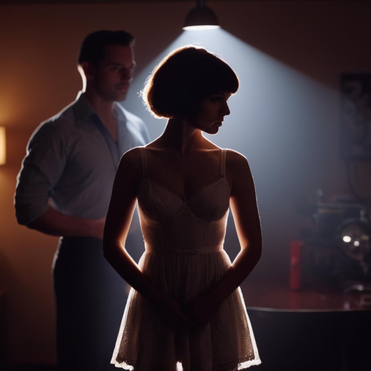 cinematic film still of  <lora:backlight style:1>A backlight photo of a woman in a dress standing in front of a man,1girl,breasts,short hair,1boy,holding,underwear,weapon,bra,crossed arms,faceless,backlighting , back light, rim light, ray light, hair light, background light, realistic, realism, photorealism, hyperrealism, hyperrealistic, realistic, sharp, detailed, cinematography style, film light style, movie still,  professional photography, artistic, perfection, contrast, cinematic, filmic, high quality photo,  8k quality, colorful, different people, dark shadow, covered in shadow, partially covered in shadow, backlight style, shallow depth of field, vignette, highly detailed, high budget, bokeh, cinemascope, moody, epic, gorgeous, film grain, grainy