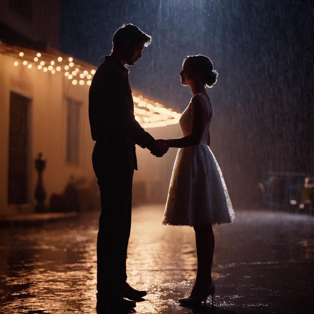 cinematic film still of  <lora:backlight style:1>A backlight photo of a bride and groom standing in the rain,1girl,short hair,shirt,black hair,1boy,dress,standing,hetero,outdoors,sky,pants,water,night,holding hands,couple,star (sky),night sky,lantern , back light, rim light, ray light, hair light, background light, realistic, realism, photorealism, hyperrealism, hyperrealistic, realistic, sharp, detailed, cinematography style, film light style, movie still,  professional photography, artistic, perfection, contrast, cinematic, filmic, high quality photo,  8k quality, colorful, different people, dark shadow, covered in shadow, partially covered in shadow, backlight style, shallow depth of field, vignette, highly detailed, high budget, bokeh, cinemascope, moody, epic, gorgeous, film grain, grainy