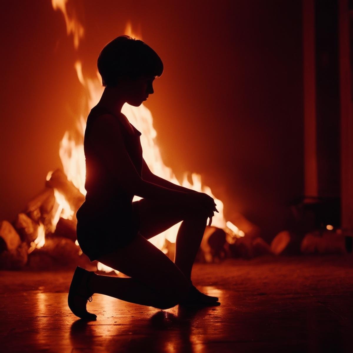 cinematic film still of  <lora:backlight style:1>A backlight photo of a person kneeling down in front of a fire,1girl,solo,short hair,1boy,from side,squatting,fire,silhouette,dark,orange theme , back light, rim light, ray light, hair light, background light, realistic, realism, photorealism, hyperrealism, hyperrealistic, realistic, sharp, detailed, cinematography style, film light style, movie still,  professional photography, artistic, perfection, contrast, cinematic, filmic, high quality photo,  8k quality, colorful, different people, dark shadow, covered in shadow, partially covered in shadow, backlight style, shallow depth of field, vignette, highly detailed, high budget, bokeh, cinemascope, moody, epic, gorgeous, film grain, grainy