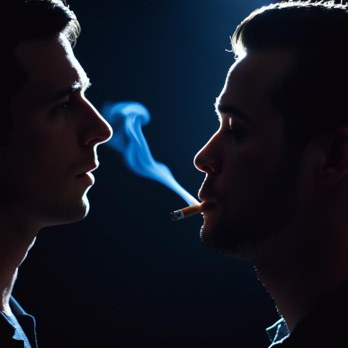 cinematic film still of  <lora:backlight style:1>A backlight photo of a person smoking a cigarette in the dark,solo,simple background,1boy,male focus,from side,profile,fire,black background,smoke,blue theme,silhouette,dark,blue fire,burning , back light, rim light, ray light, hair light, background light, realistic, realism, photorealism, hyperrealism, hyperrealistic, realistic, sharp, detailed, cinematography style, film light style, movie still,  professional photography, artistic, perfection, contrast, cinematic, filmic, high quality photo,  8k quality, colorful, different people, dark shadow, covered in shadow, partially covered in shadow, backlight style, shallow depth of field, vignette, highly detailed, high budget, bokeh, cinemascope, moody, epic, gorgeous, film grain, grainy