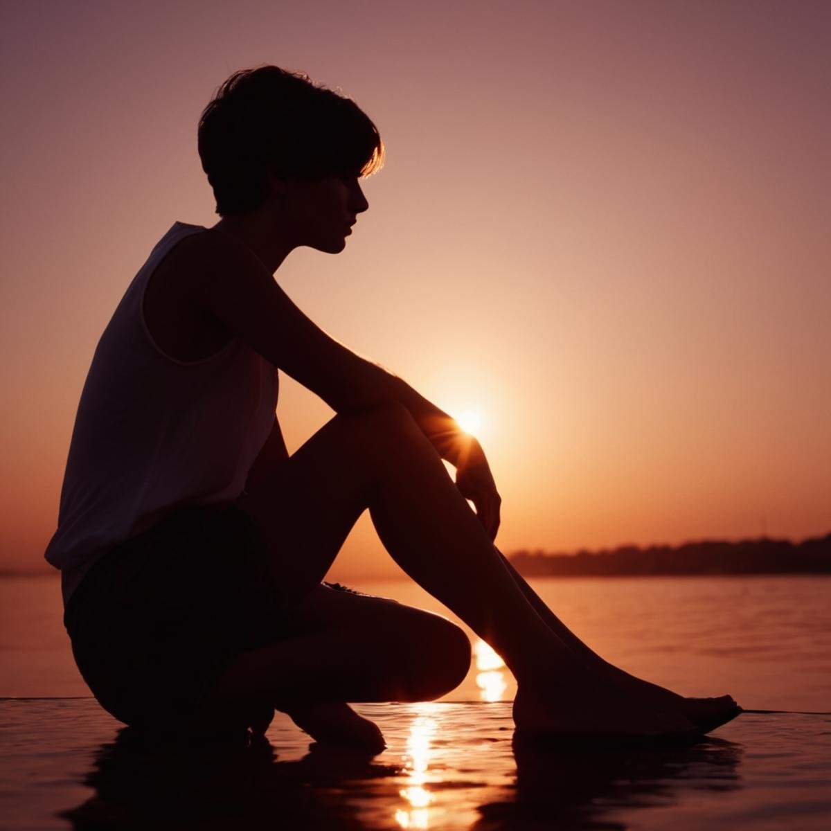 cinematic film still of  <lora:backlight style:1>A backlight photo of a woman sitting on a dock at sunset,solo,short hair,1boy,sitting,male focus,outdoors,sky,water,tree,ocean,knee up,sunset,sun,silhouette , back light, rim light, ray light, hair light, background light, realistic, realism, photorealism, hyperrealism, hyperrealistic, realistic, sharp, detailed, cinematography style, film light style, movie still,  professional photography, artistic, perfection, contrast, cinematic, filmic, high quality photo,  8k quality, colorful, different people, dark shadow, covered in shadow, partially covered in shadow, backlight style, shallow depth of field, vignette, highly detailed, high budget, bokeh, cinemascope, moody, epic, gorgeous, film grain, grainy