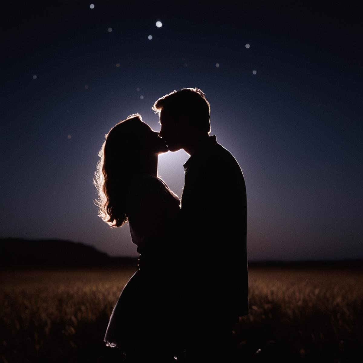 cinematic film still of  <lora:backlight style:1>A backlight photo of a couple is kissing in the moonlight with stars in the sky,1girl,long hair,monochrome,outdoors,sky,from side,night,grass,star (sky),night sky,starry sky,silhouette , back light, rim light, ray light, hair light, background light, realistic, realism, photorealism, hyperrealism, hyperrealistic, realistic, sharp, detailed, cinematography style, film light style, movie still,  professional photography, artistic, perfection, contrast, cinematic, filmic, high quality photo,  8k quality, colorful, different people, dark shadow, covered in shadow, partially covered in shadow, backlight style, shallow depth of field, vignette, highly detailed, high budget, bokeh, cinemascope, moody, epic, gorgeous, film grain, grainy