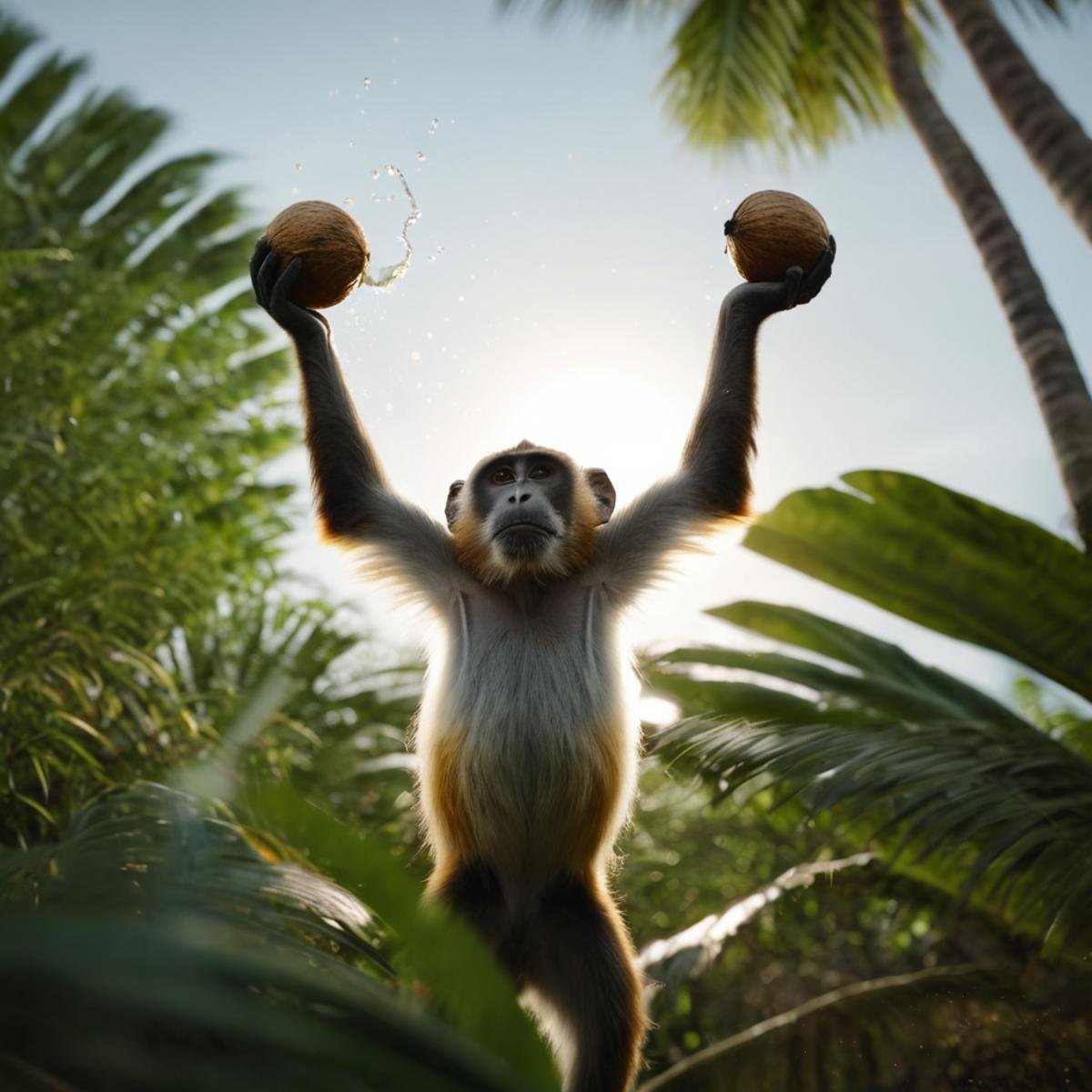 cinematic film still of In the African jungle a monkey holding their hands up to a sun while breaking a coconut up in sky...