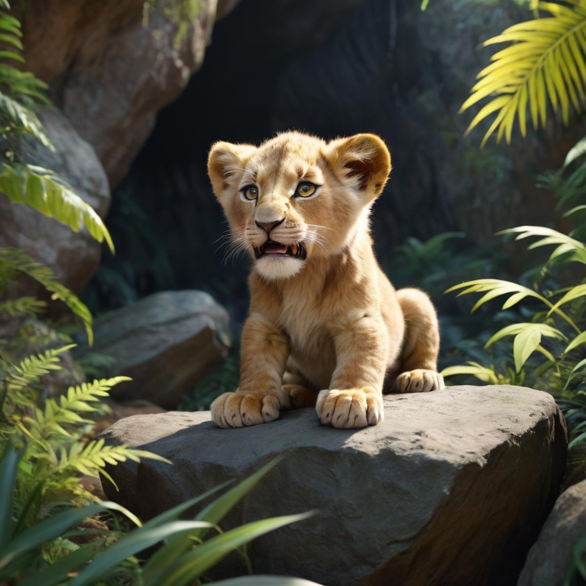anime artwork of manga styleIn the African jungle a cartoon:1 lion cub sitting on a rock in a cave,  cartoon,  anime by Ea...