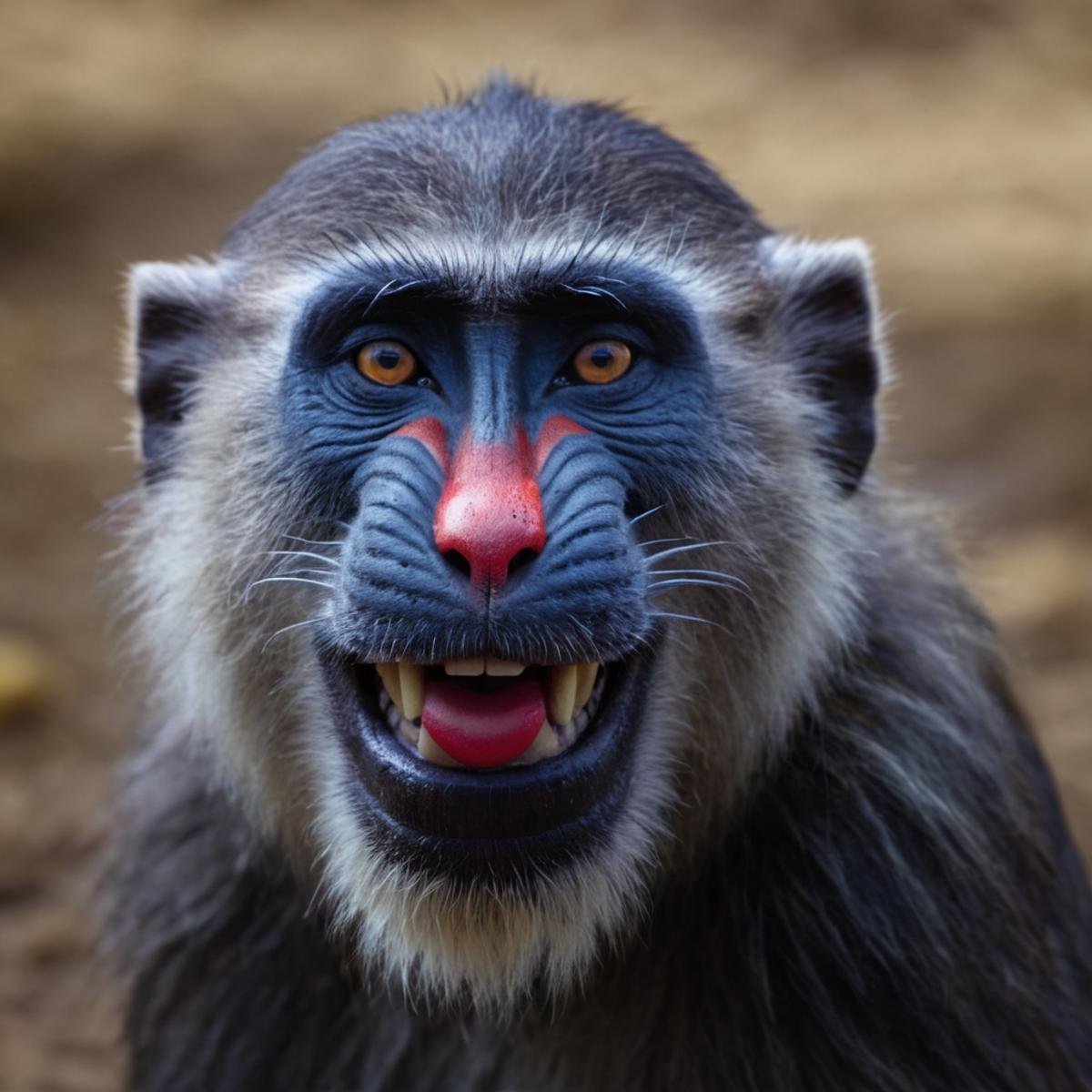 cinematic film still of the lion king stylea baboon with red nose big yellow eyes and blue face paint smiling to the camer...