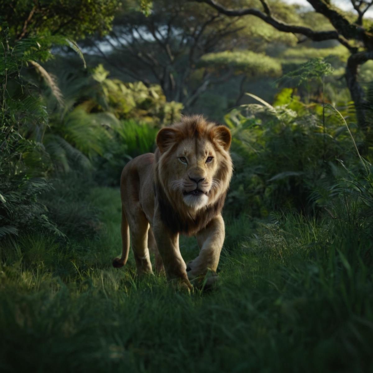 cinematic film still of In the African jungle a lion walking through a lush green forest,  realistic,  realism by EauDeNoi...