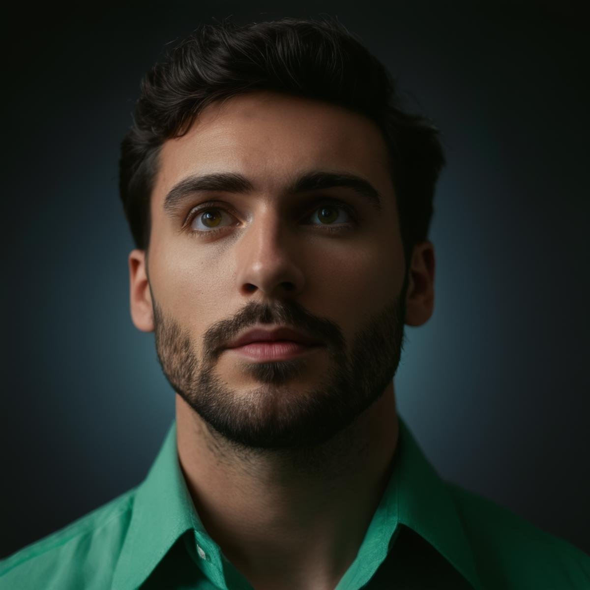 cinematic film still of  <lora:Butterfly Lighting style:1>Butterfly lighting photography of a man in a green shirt looking up,solo,looking at viewer,simple background,shirt,black hair,1boy,upper body,male focus,parted lips,collared shirt,facial hair,realistic , nose shadow, realistic, realism, photorealism, hyperrealism, hyperrealistic, realistic, sharp, detailed, cinematography style, film light style, movie still,  professional photography, artistic, perfection, contrast, cinematic, filmic, high quality photo,  8k quality, colorful, photography style, butterfly lighting style, shallow depth of field, vignette, highly detailed, high budget, bokeh, cinemascope, moody, epic, gorgeous, film grain, grainy