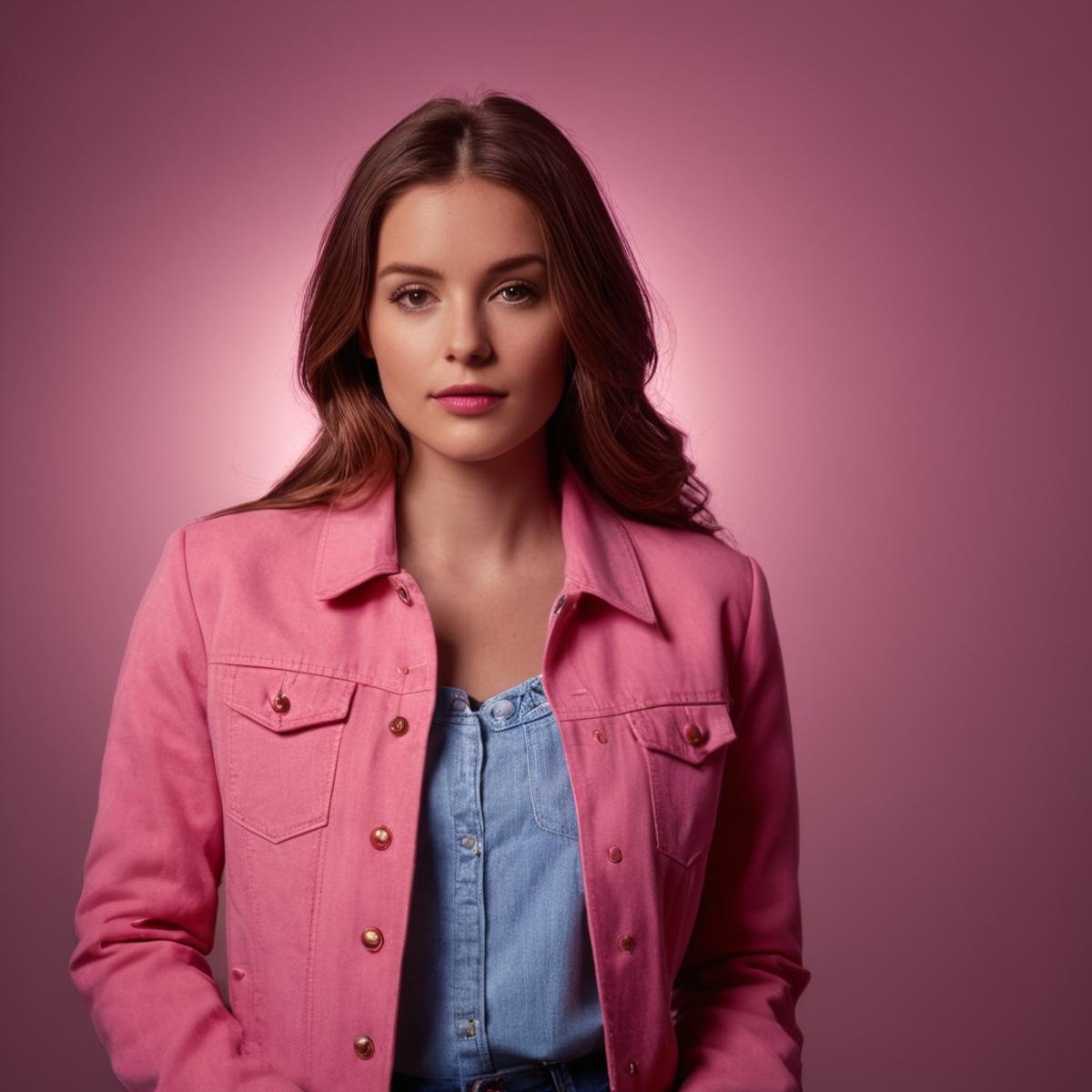 cinematic film still of  <lora:Butterfly Lighting style v2:1>Butterfly lighting photography of a young woman in a pink jacket and jeans,1girl,solo,looking at viewer,brown hair,shirt,jacket,pants,lips,denim,jeans,realistic,nose shadow, shallow depth of field, vignette, highly detailed, high budget, bokeh, cinemascope, moody, epic, gorgeous, film grain, grainy