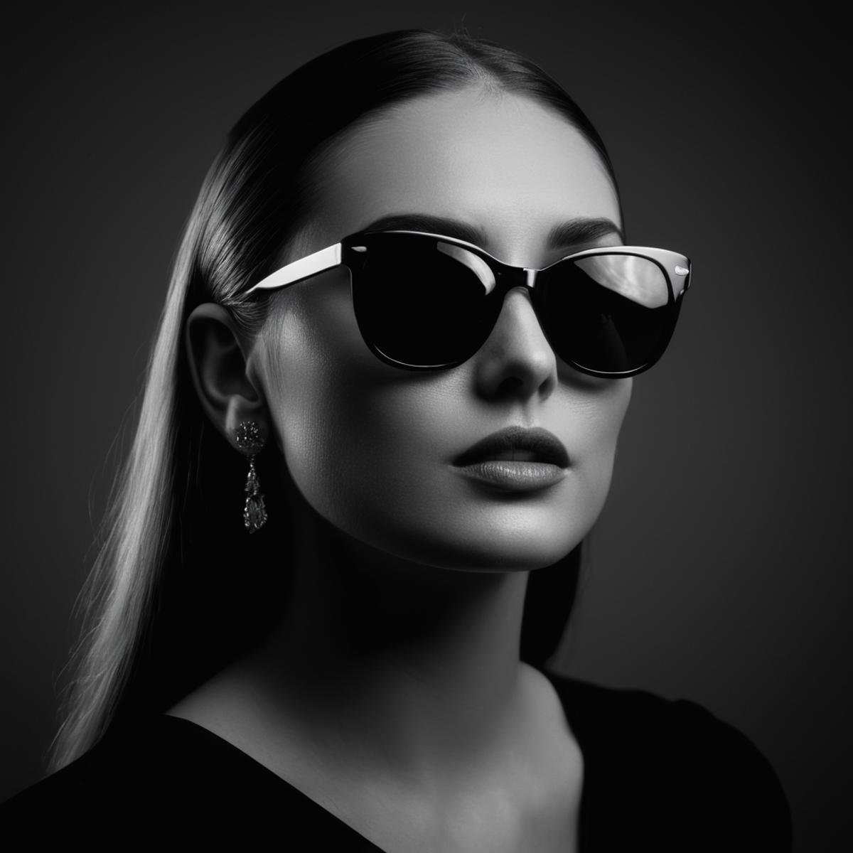 cinematic film still of  <lora:Butterfly Lighting style v2:1>Butterfly lighting photography of a woman with nose shadow wearing sunglasses and a black dress,1girl,solo,long hair,looking at viewer,jewelry,monochrome,greyscale,earrings,parted lips,teeth,sunglasses,ring,realistic,nose shadow,realistic,realism,photorealism,hyperrealism,hyperrealistic,realistic,sharp,detailed,cinematography style,film light style,movie still,professional photography,artistic,perfection,contrast,cinematic,filmic,high quality photo,8k quality,colorful,nose covered in shadow,photography style,butterfly lighting style,light from above,low key light,idle butterfly lighting style , realistic, realism, photorealism, hyperrealism, hyperrealistic, realistic, sharp, detailed, cinematography style, film light style, movie still,  professional photography, artistic, perfection, contrast, cinematic, filmic, high quality photo,  8k quality, colorful, photography style, shallow depth of field, vignette, highly detailed, high budget, bokeh, cinemascope, moody, epic, gorgeous, film grain, grainy