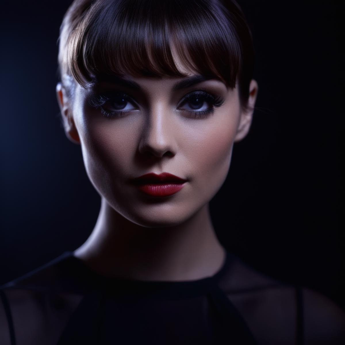 cinematic film still of  <lora:Butterfly Lighting style:1>Butterfly lighting photography of a woman with a black dress and a black background,1girl,solo,looking at viewer,short hair,simple background,monochrome,greyscale,lips,eyelashes,makeup,black background,portrait,realistic , nose shadow, realistic, realism, photorealism, hyperrealism, hyperrealistic, realistic, sharp, detailed, cinematography style, film light style, movie still,  professional photography, artistic, perfection, contrast, cinematic, filmic, high quality photo,  8k quality, colorful, partially covered in shadow, photography style, butterfly lighting style, shallow depth of field, vignette, highly detailed, high budget, bokeh, cinemascope, moody, epic, gorgeous, film grain, grainy