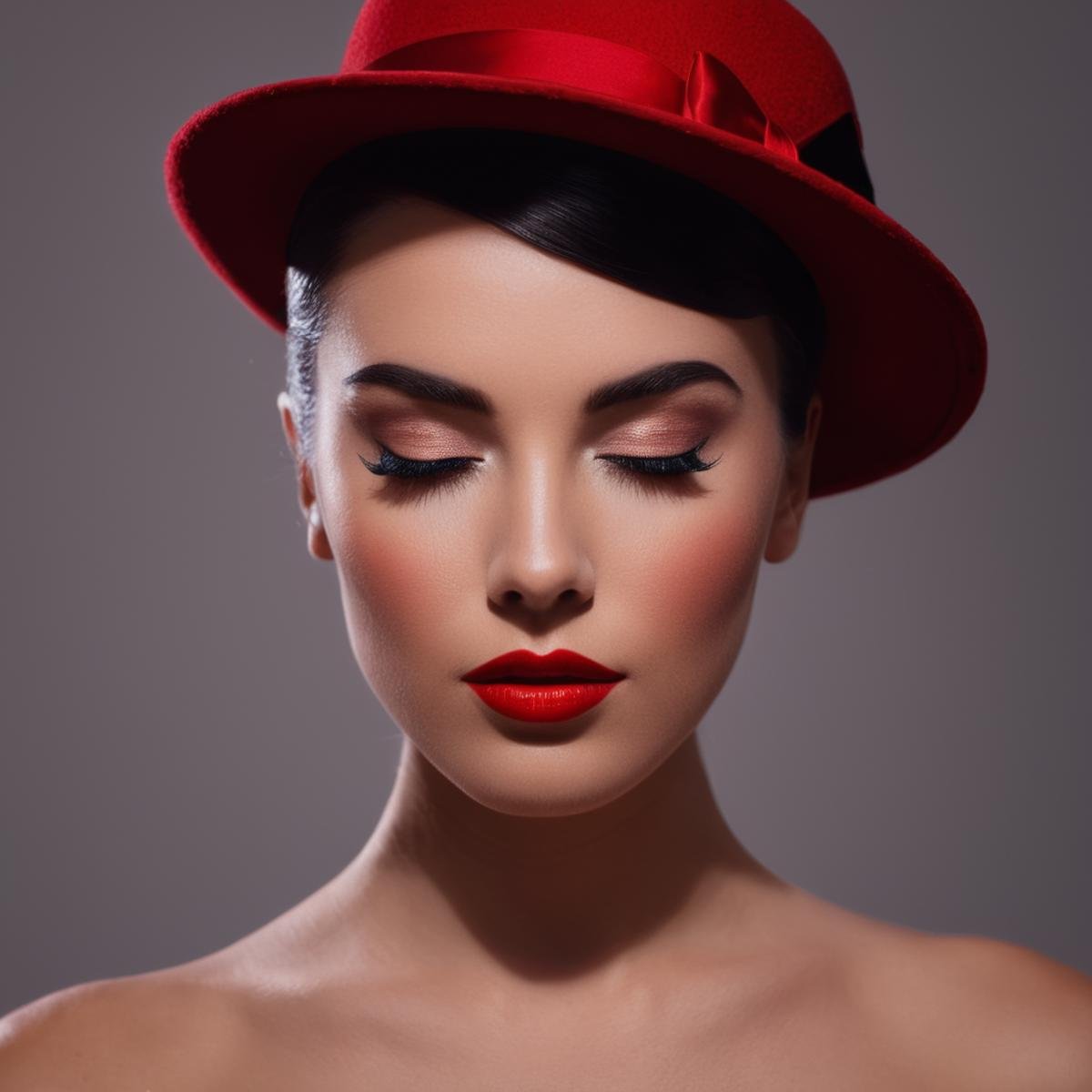 cinematic film still of  <lora:Butterfly Lighting style v2:1>Butterfly lighting photography of a woman with a red lip and a hat,1girl,solo,simple background,black hair,white background,closed eyes,lips,eyelashes,makeup,thick eyebrows,lipstick,portrait,realistic,red lips,nose shadow,realistic,realism,photorealism,hyperrealism,hyperrealistic,realistic,sharp,detailed,cinematography style,film light style,movie still,professional photography,artistic,perfection,contrast,cinematic,filmic,high quality photo,8k quality,colorful,nose covered in shadow,photography style,butterfly lighting style, shallow depth of field, vignette, highly detailed, high budget, bokeh, cinemascope, moody, epic, gorgeous, film grain, grainy