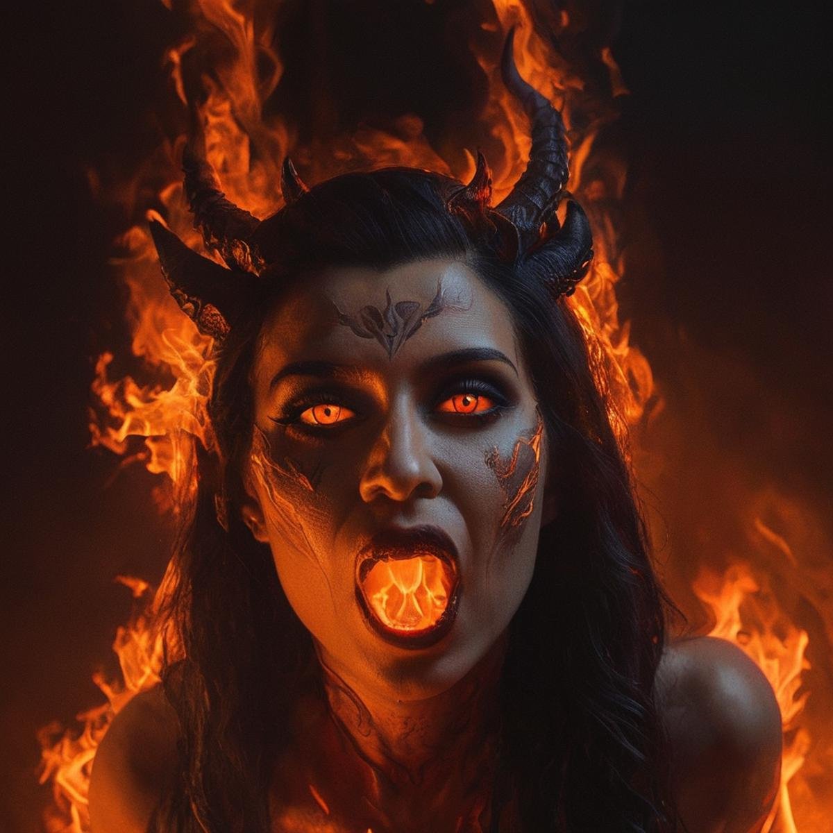 Horror-themed,  <lora:Demon Girl:0.8>Demon Girl a fire breathing man with flames in the background,devil,Demon Girl style,horns,fire,dragon,orange theme , realistic, sharp, detailed, classic, 1990's, horror, photography, artistic, perfect teeth, crazy, Eerie, unsettling, dark, spooky, suspenseful, grim, highly detailed