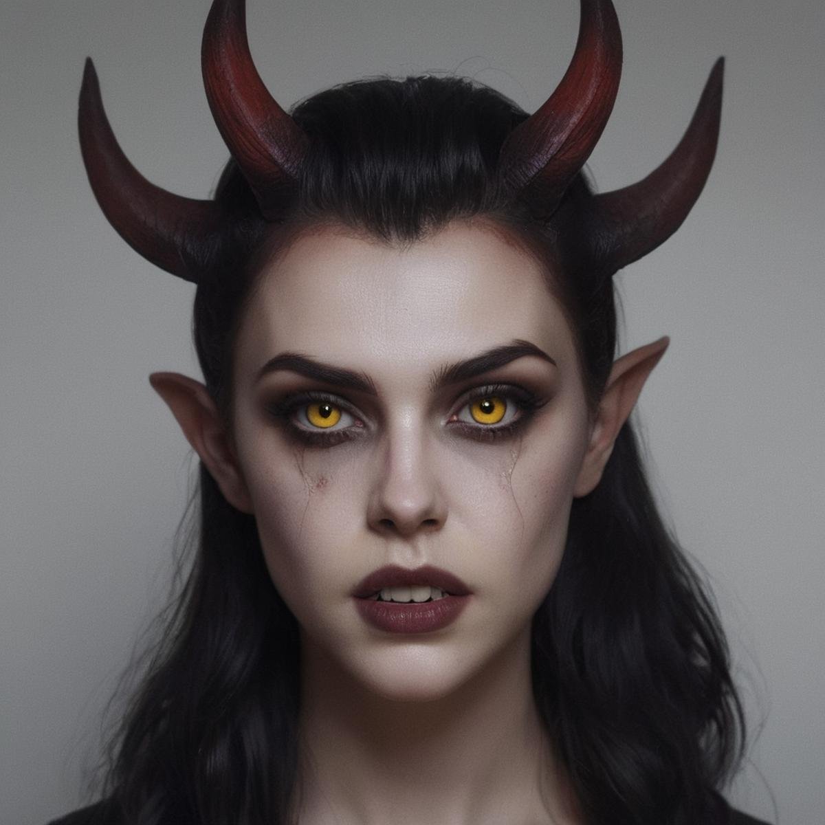 Horror-themed,  <lora:Demon Girl:0.6>Demon Girl a woman with horns and yellow eyes is staring at the camera,devil,Demon Girl style,1girl,solo,looking at viewer,short hair,yellow eyes,parted lips,horns,pointy ears,mole,lips,demon girl,portrait,mole under mouth,colored sclera,realistic , realistic, sharp, detailed, classic, 1990's, horror, photography, artistic, perfect teeth, crazy, Eerie, unsettling, dark, spooky, suspenseful, grim, highly detailed