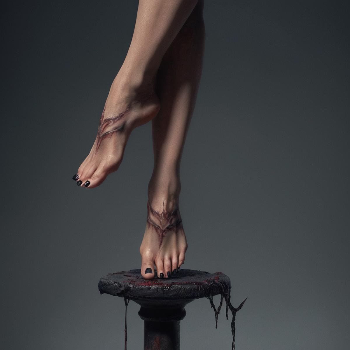 Horror-themed,  <lora:Demon Girl:0.8>Demon Girl a person with bare feet standing on a pole,devil,Demon Girl style,solo,barefoot,feet,tattoo,toes,no shoes,soles,close-up,out of frame,toenails,foot focus,dirty feet , realistic, sharp, detailed, classic, 1990's, horror, photography, artistic, perfect teeth, crazy, Eerie, unsettling, dark, spooky, suspenseful, grim, highly detailed