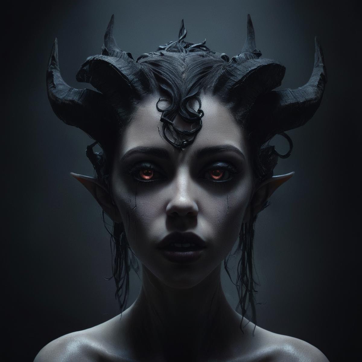 Horror-themed,  <lora:Demon Girl:0.8>Demon Girl a woman with a weird head piece and a weird hair style, Eerie, unsettling, dark, spooky, suspenseful, grim, highly detailed